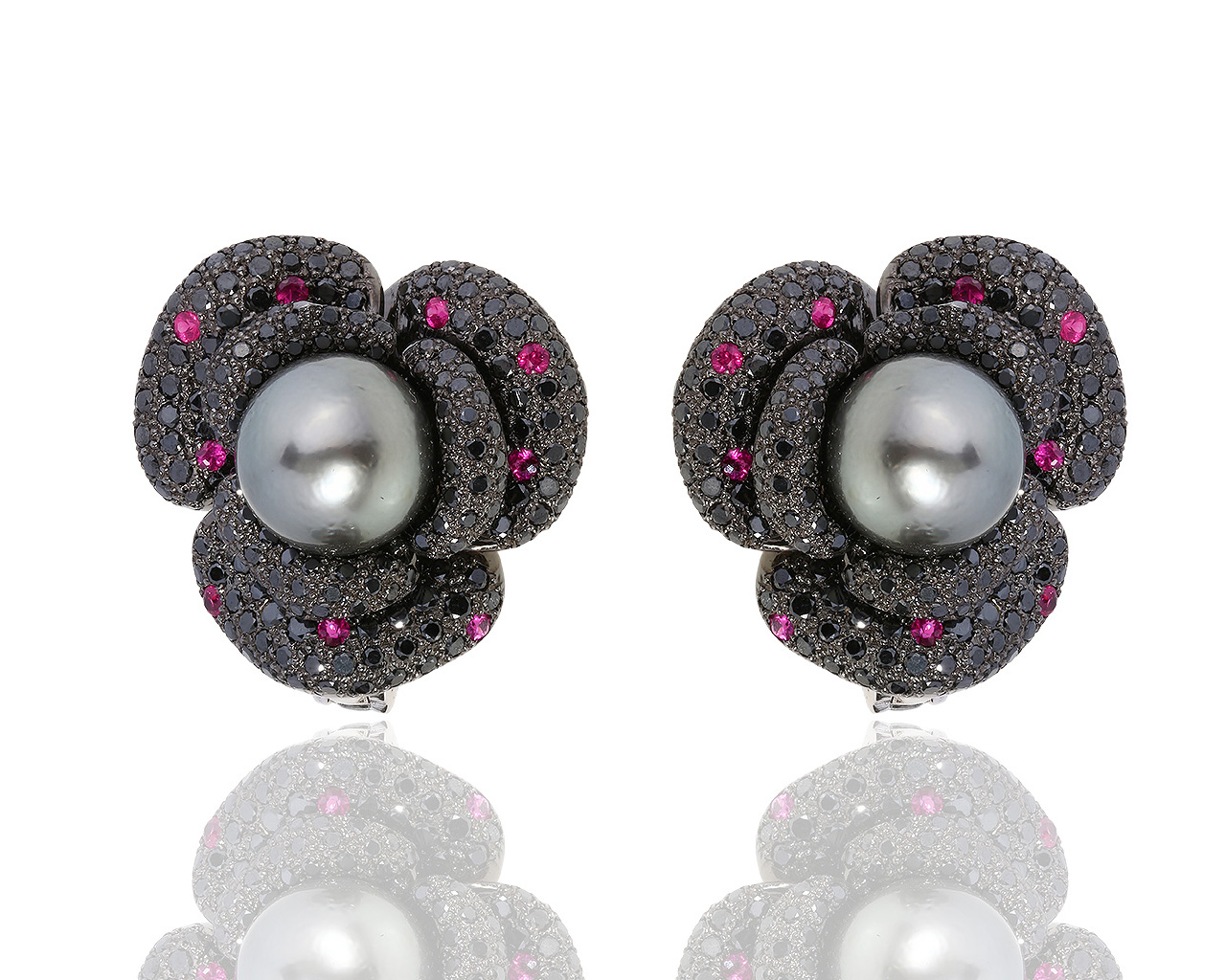 Золотые серьги с жемчугом, рубинами и черными бриллиантами 3.72ct 090419/5