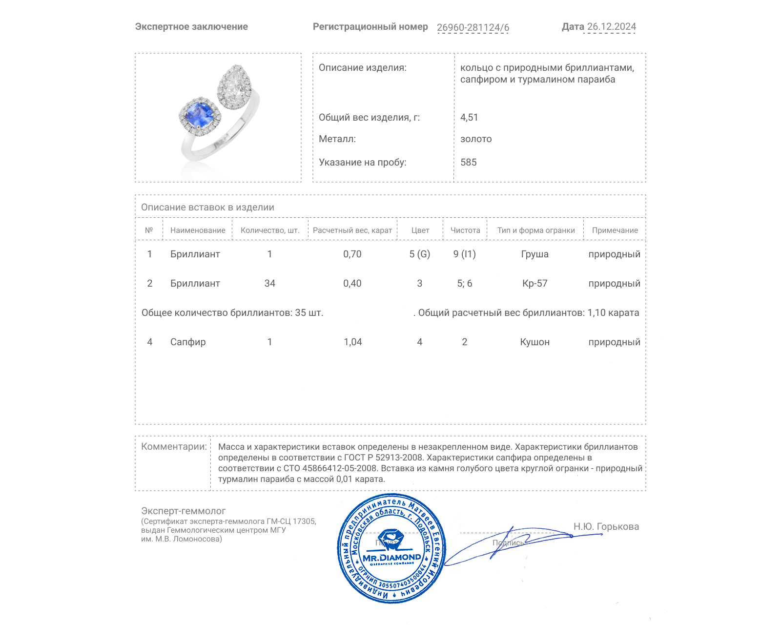 Золотое кольцо с сапфиром 1.04ct и бриллиантами 1.10ct Evgeny Matveev