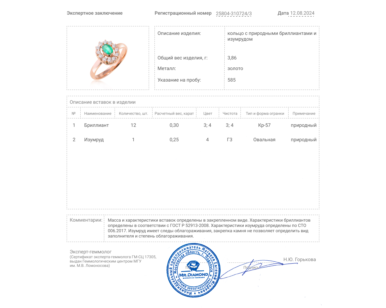 Золотое кольцо с изумрудом 0.25ct и бриллиантами 0.30ct