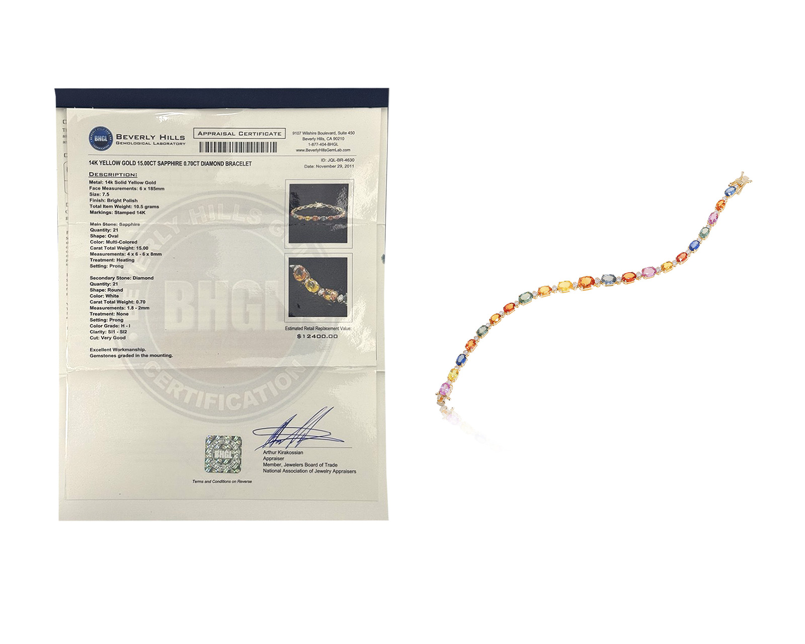 Золотой браслет с цветными сапфирами 15.90ct