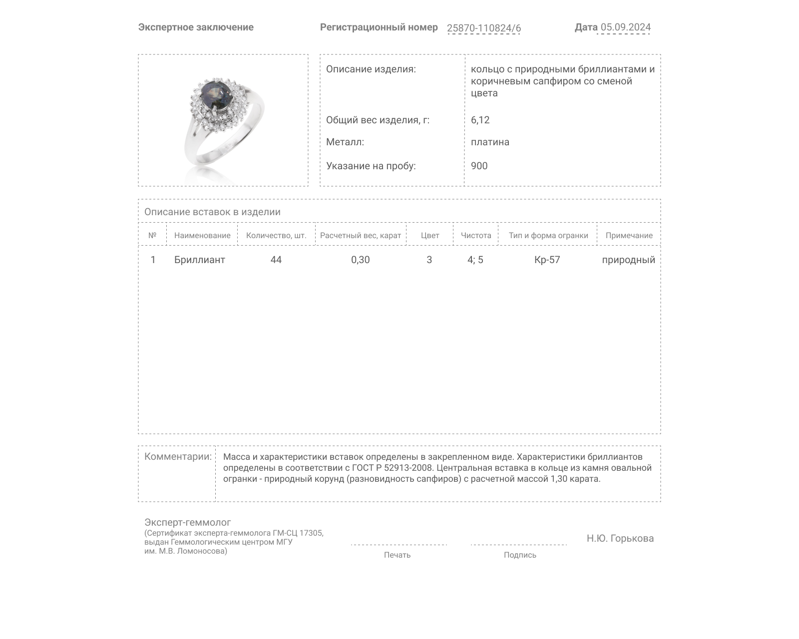 Платиновое кольцо с сапфиром 1.30ct и бриллиантами 0.30ct