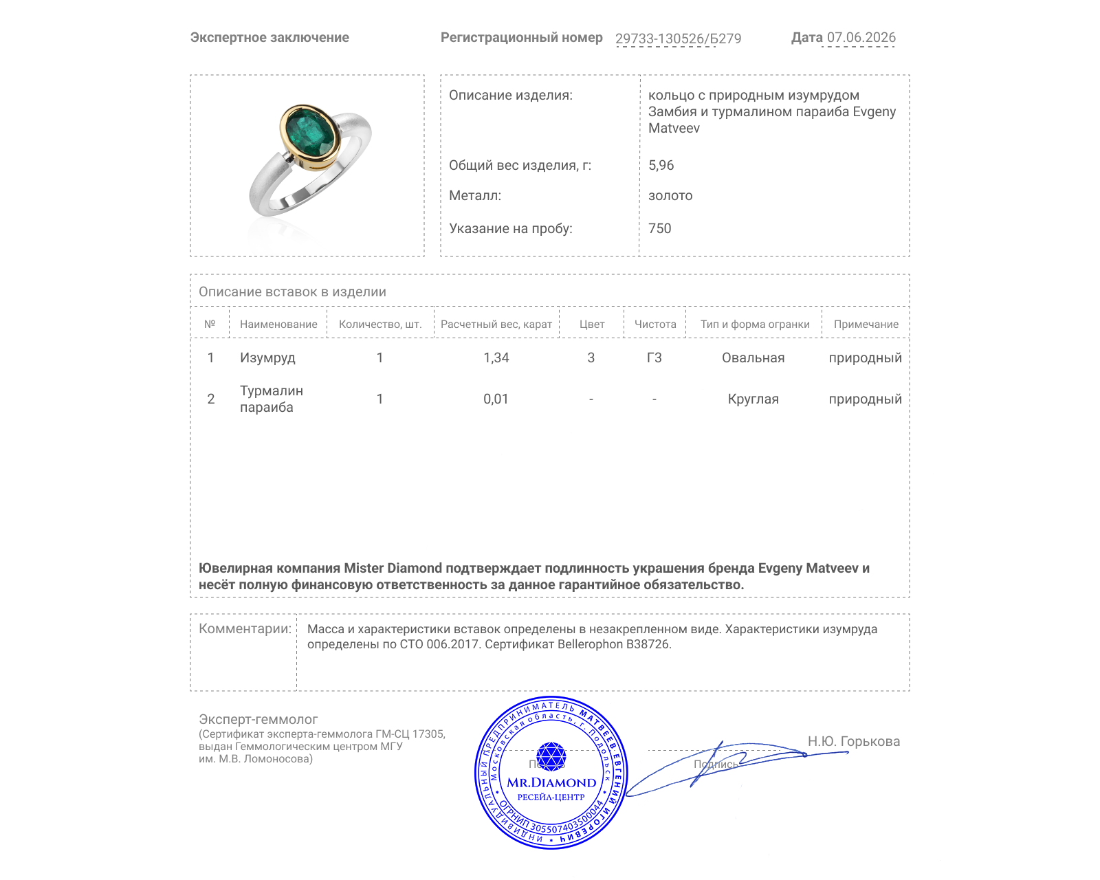 Золотое кольцо с изумрудом Замбия 1.34ct Evgeny Matveev