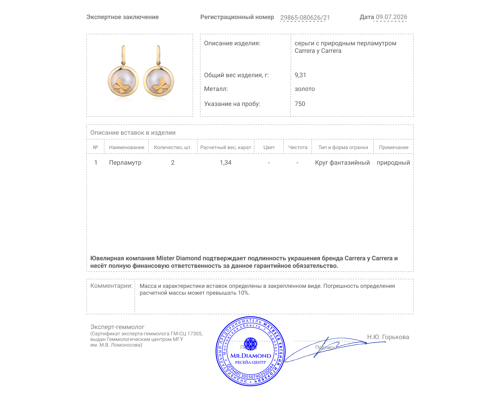 Оригинальные золотые серьги с перламутром 1.34ct Carrera y Carrera Baile De Mariposas