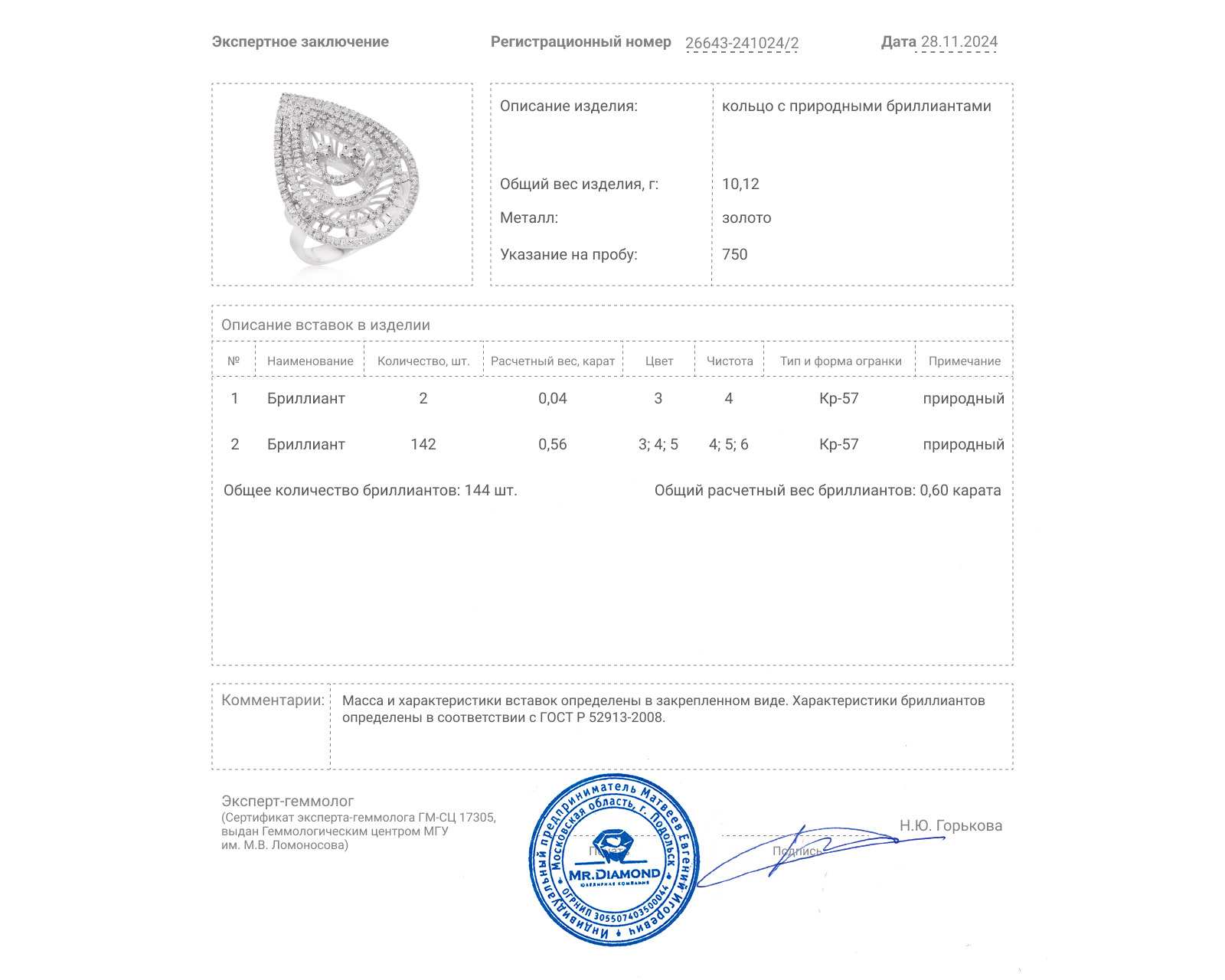 Золотое кольцо с бриллиантами 0.60ct