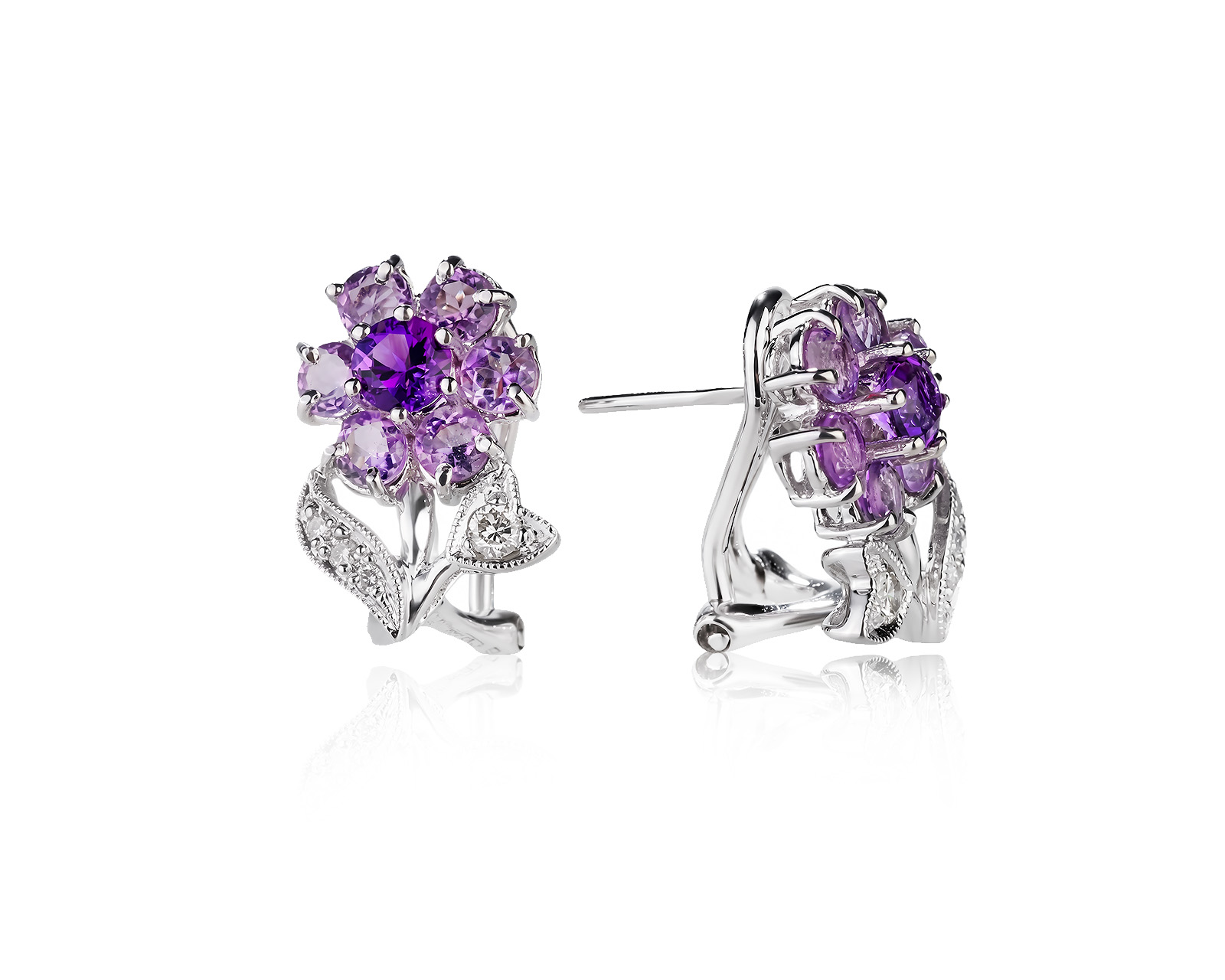 Золотые серьги с аметистами 1.70ct и бриллиантами 0.14ct