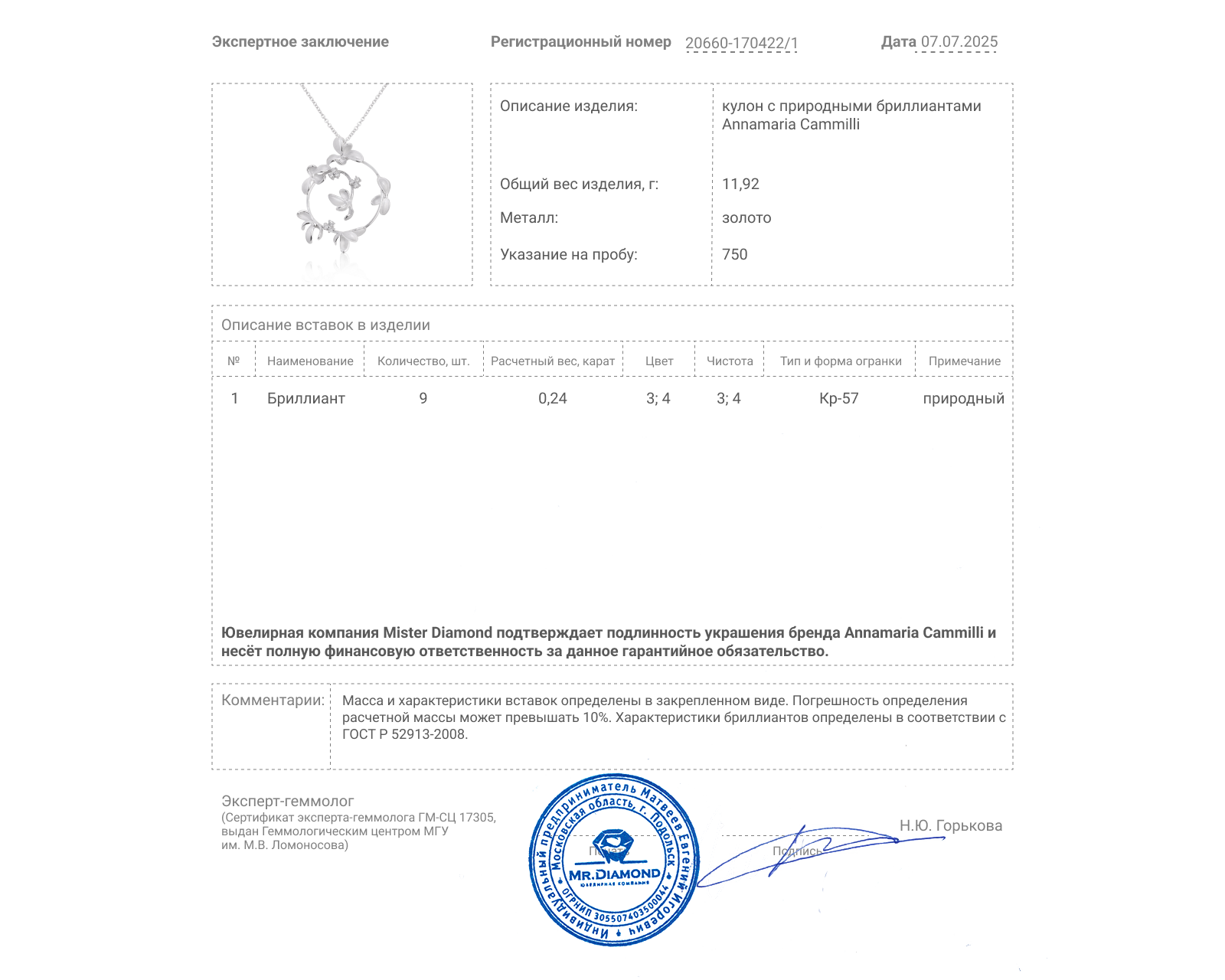 Оригинальный золотой кулон c бриллиантами 0.24ct Annamaria Cammilli