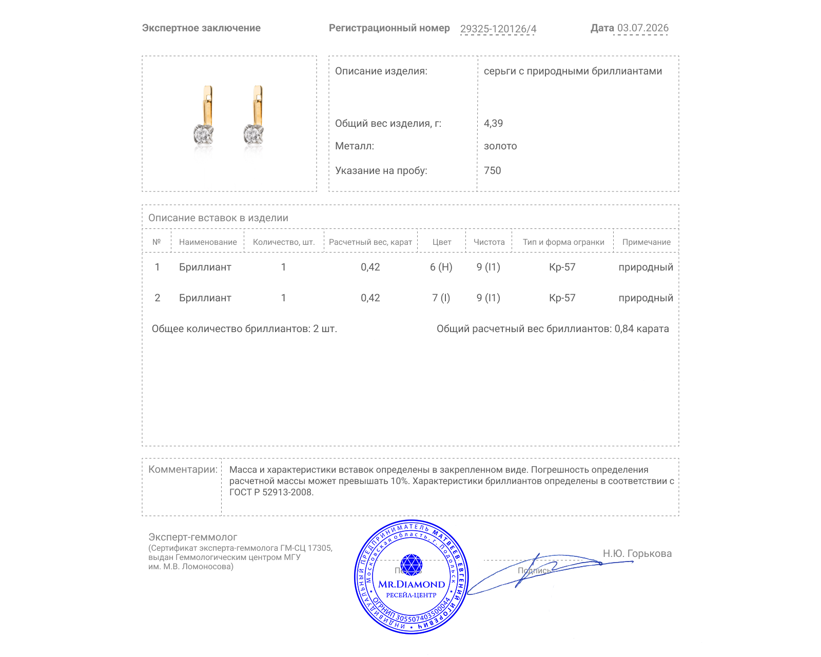 Золотые серьги с бриллиантами 0.84ct
