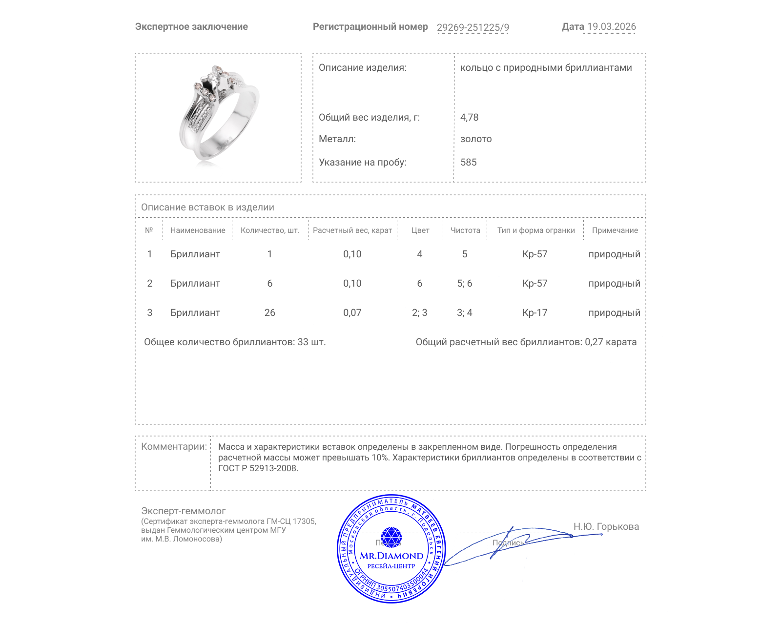Золотое кольцо с бриллиантами 0.27ct
