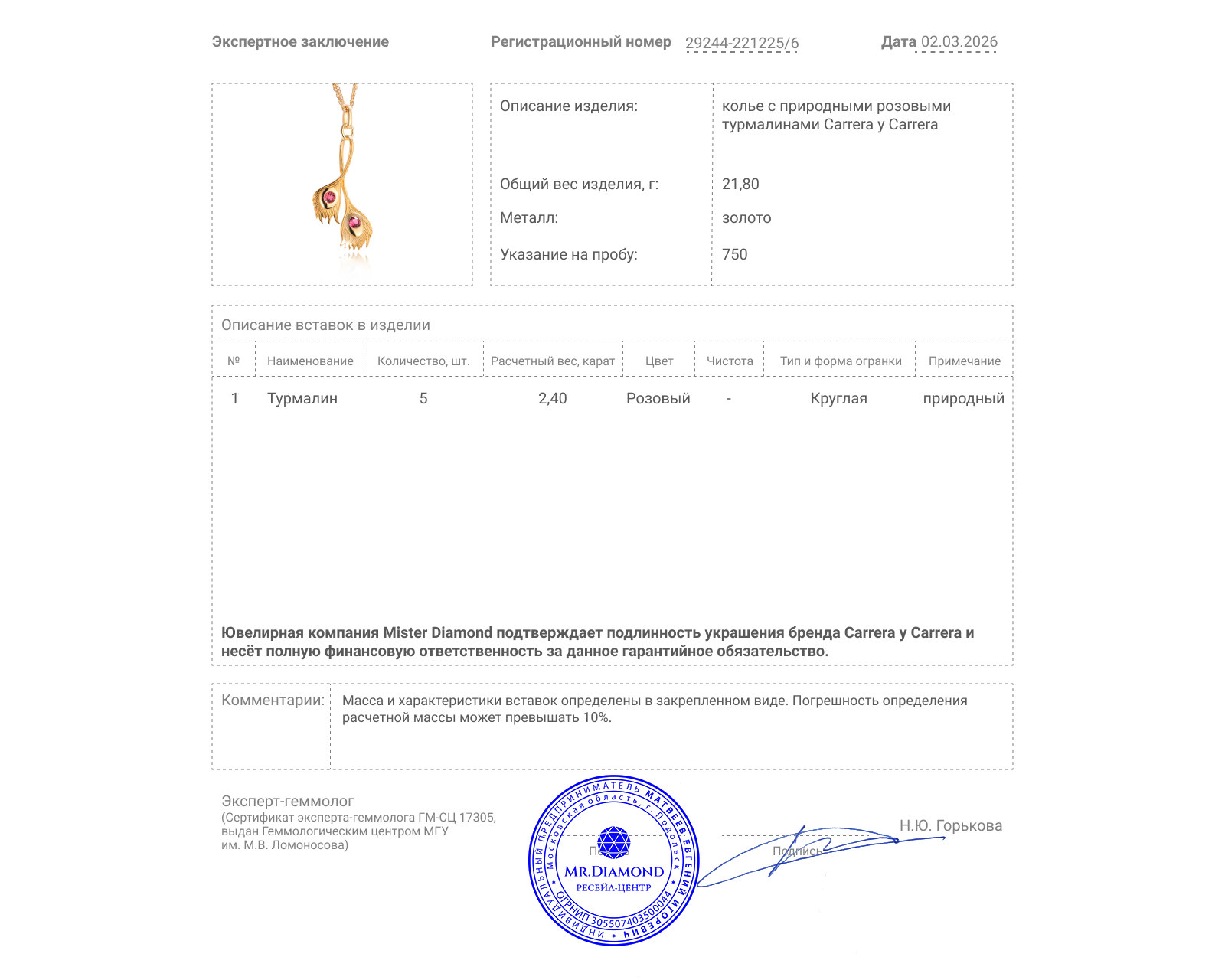 Оригинальное золотое колье с турмалинами 2.40ct Carrera y Carrera Peacock