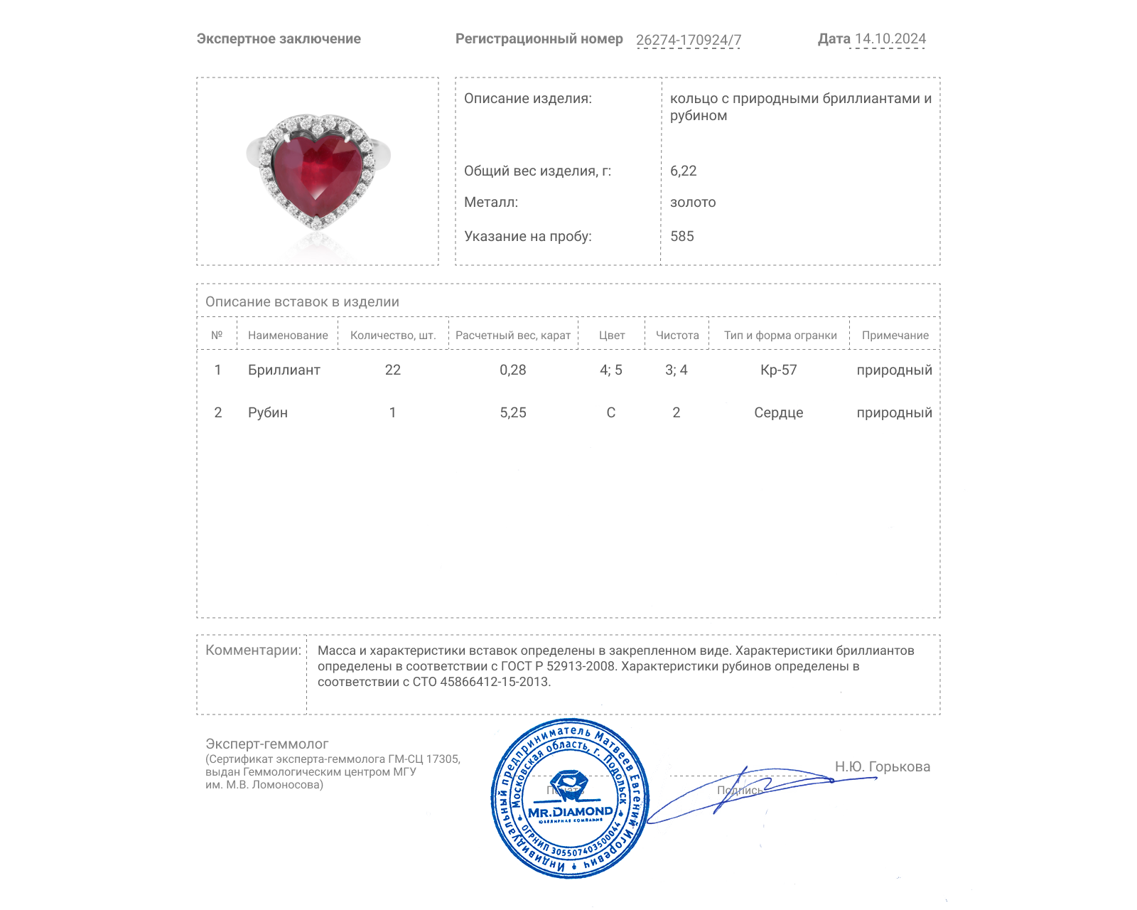 Золотое кольцо с рубином 5.25ct и бриллиантами 0.28ct