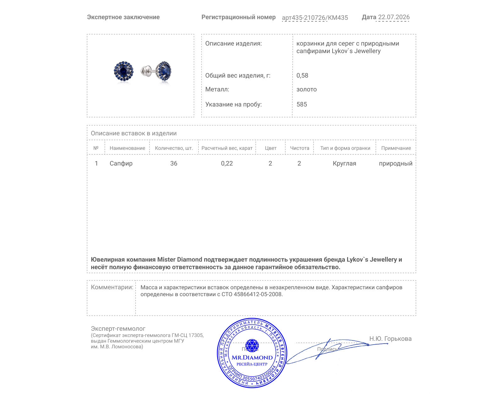 Оригинальные золотые серьги с сапфирами 0.98ct Lykov`s Jewellery