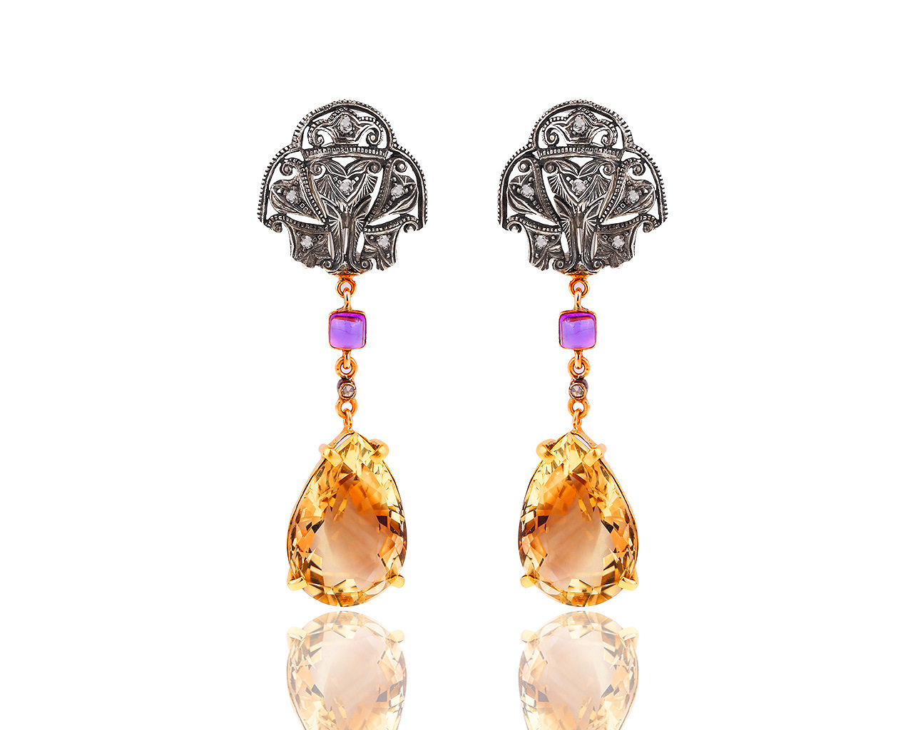Золотые серьги с кварцами, аметистами и алмазами 0.10ct 030619/6
