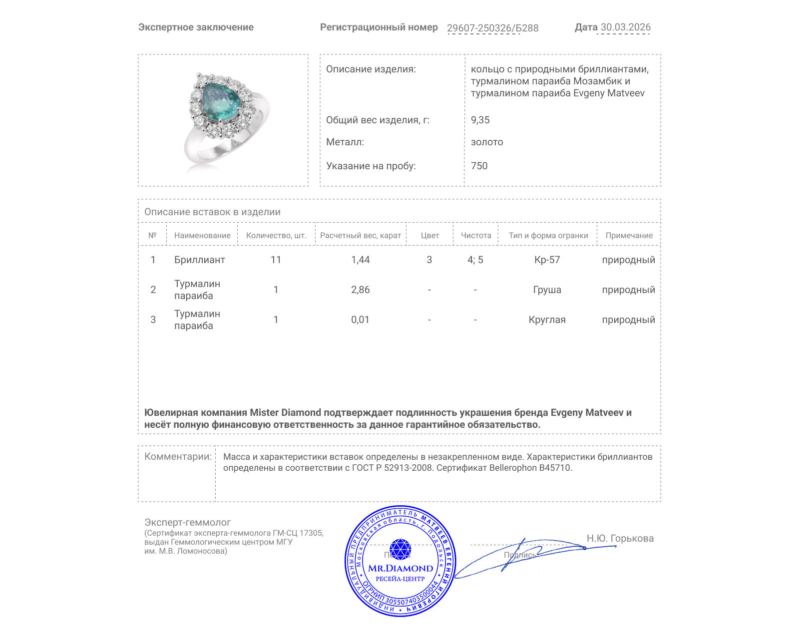 Золотое кольцо с турмалином параиба Мозамбик 2.86ct Evgeny Matveev