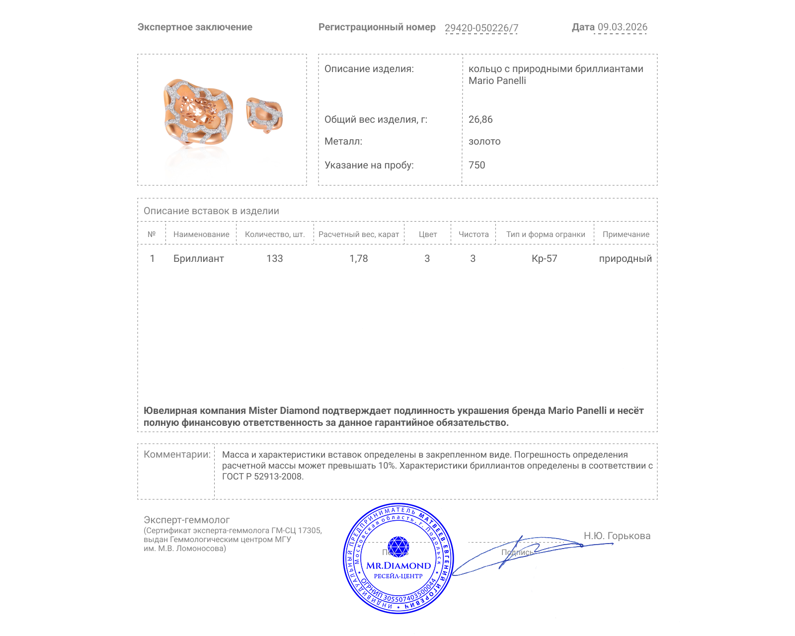 Оригинальное золотое кольцо с бриллиантами 1.78ct Mario Panelli