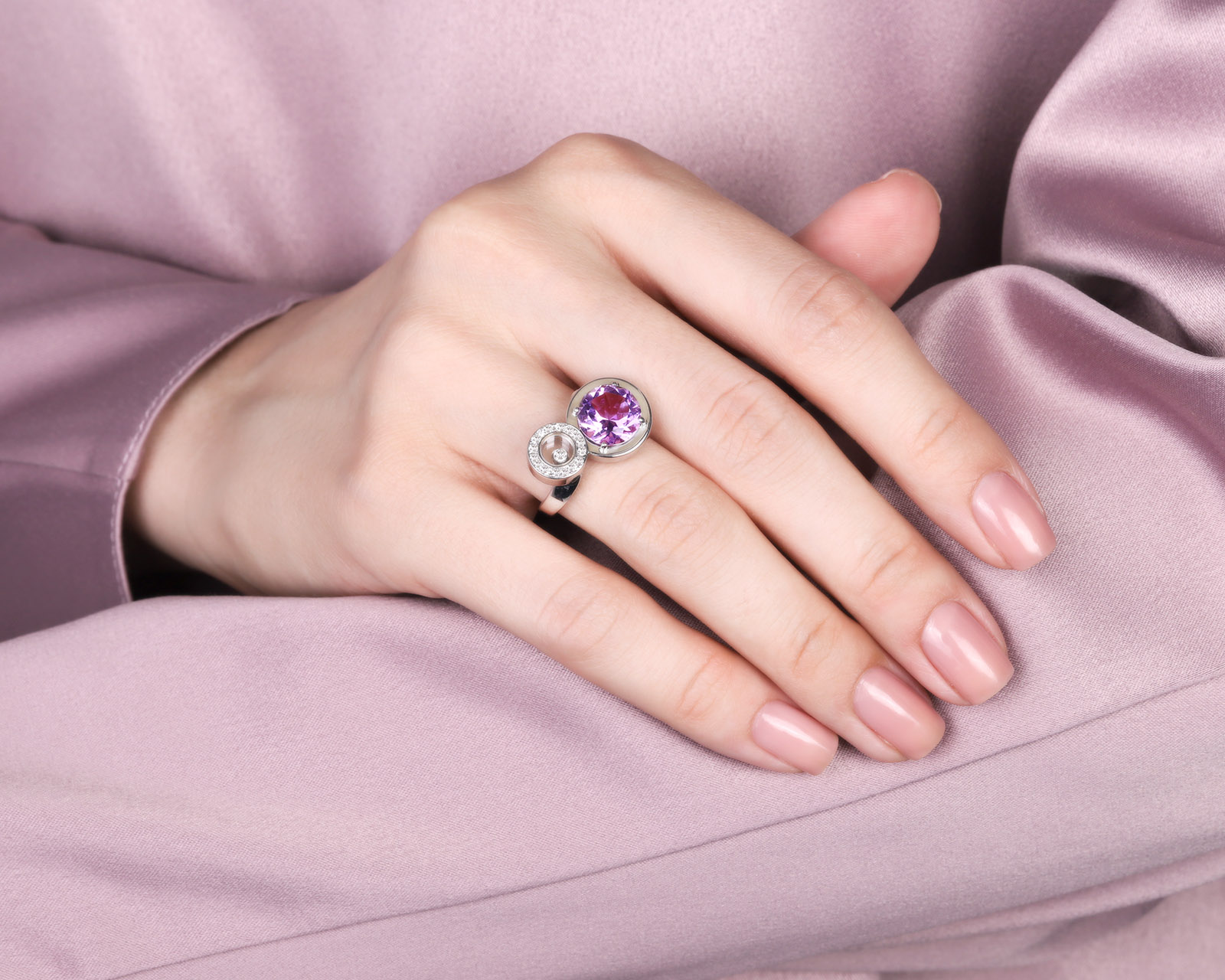 Оригинальное золотое кольцо с аметистом 3.04ct Chopard Happy Diamonds