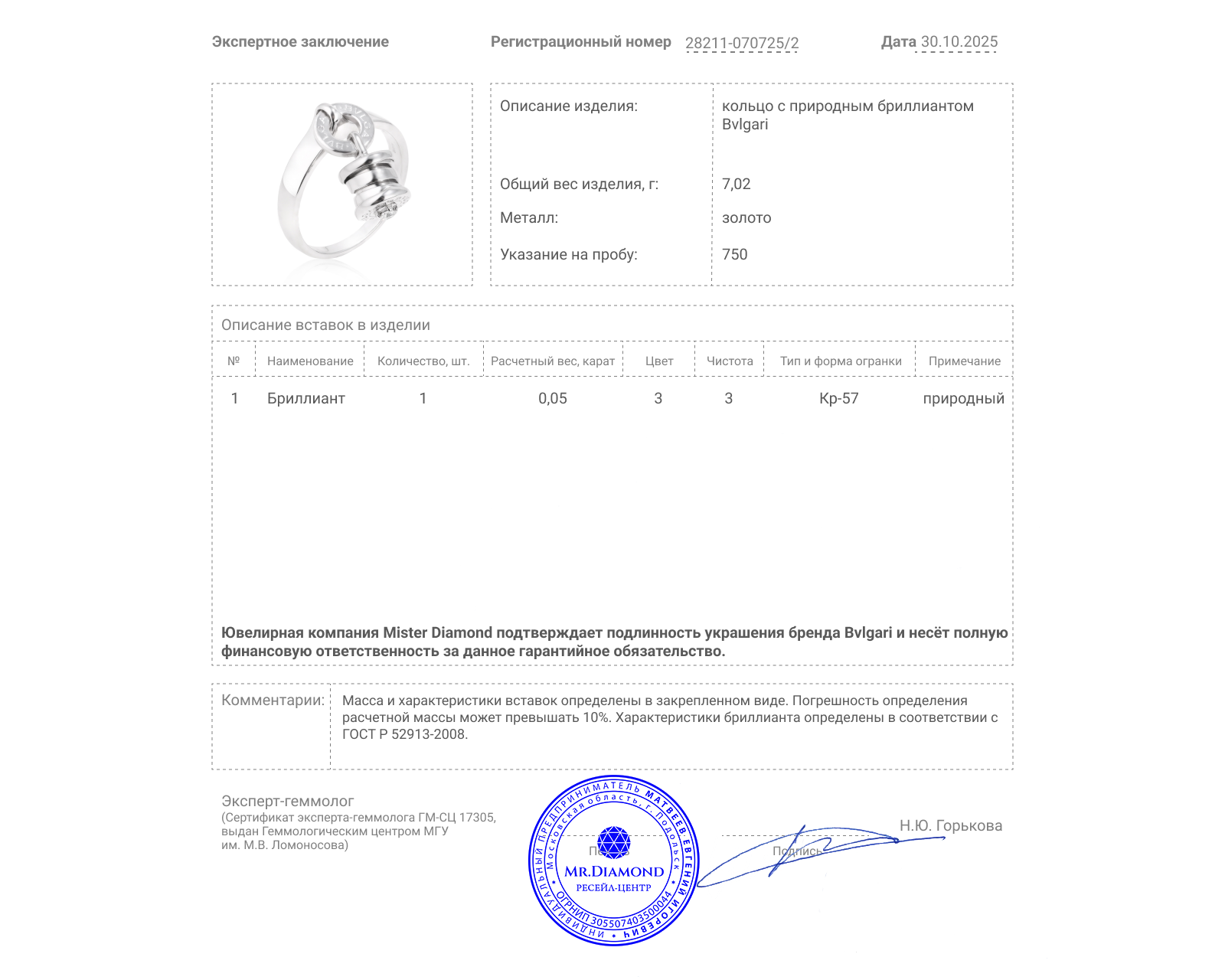 Оригинальное золотое кольцо с бриллиантом 0.05ct Bvlgari B.Zero1