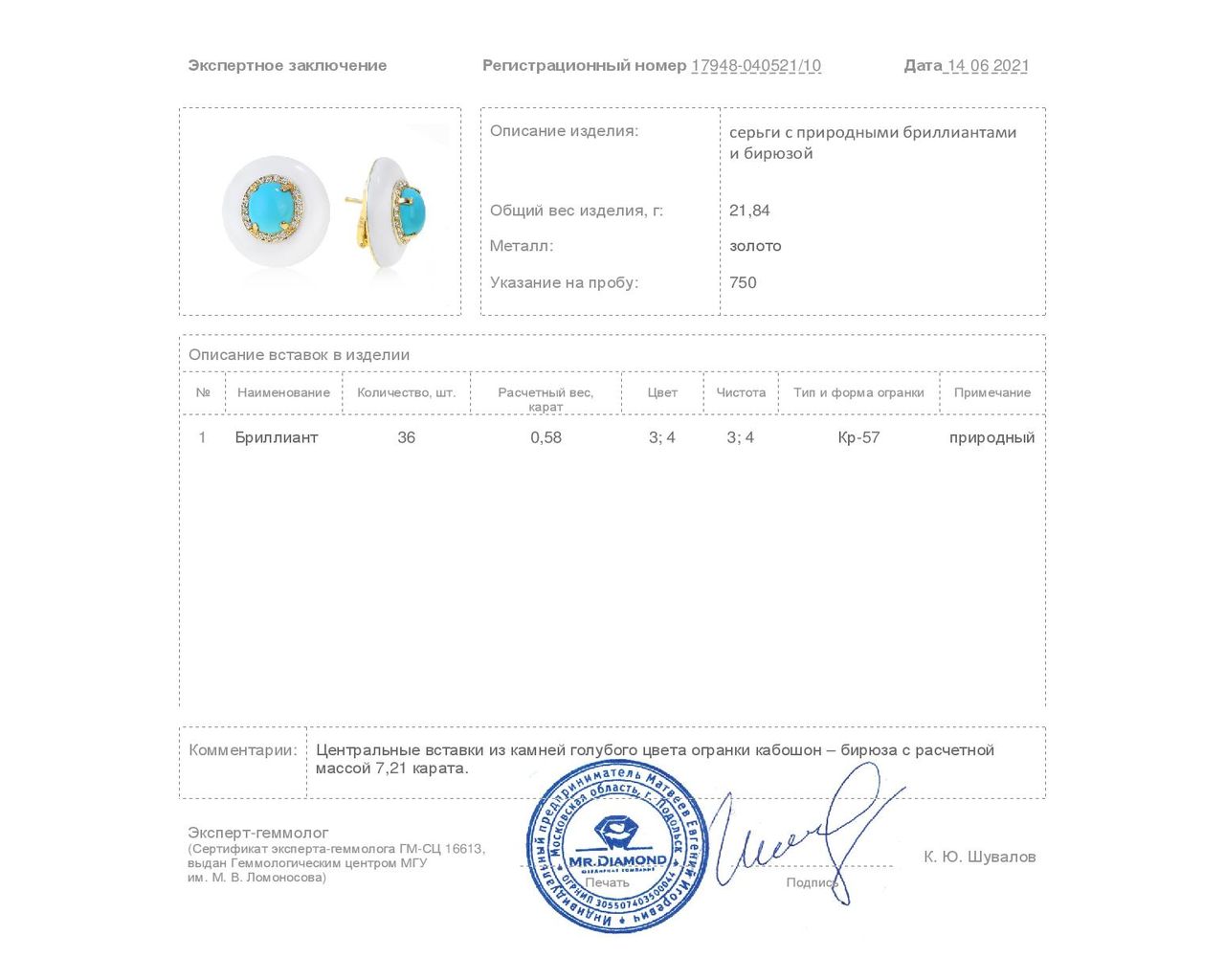Богатые золотые серьги с бирюзой 7.21ct