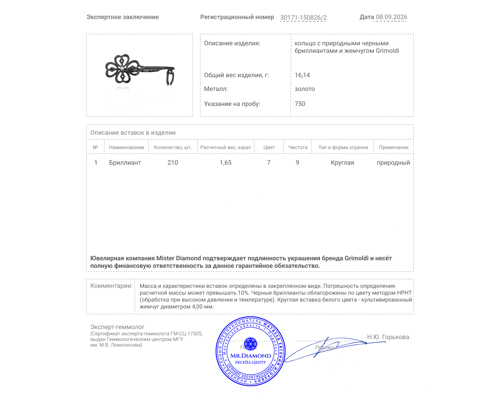Оригинальное золотое кольцо с бриллиантами 1.65ct Grimoldi