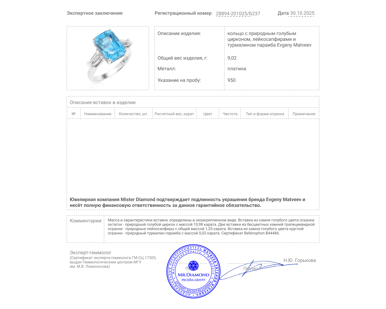 Платиновое кольцо с голубым цирконом 10.98ct Evgeny Matveev