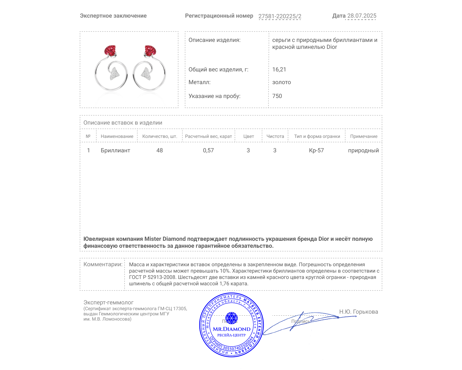 Оригинальные золотые серьги со шпинелью 1.76ct Dior Diablotin