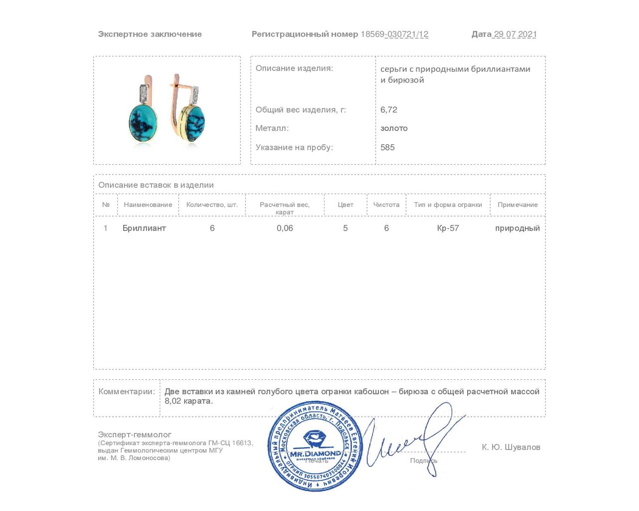Безупречные золотые серьги с бирюзой 8.02ct