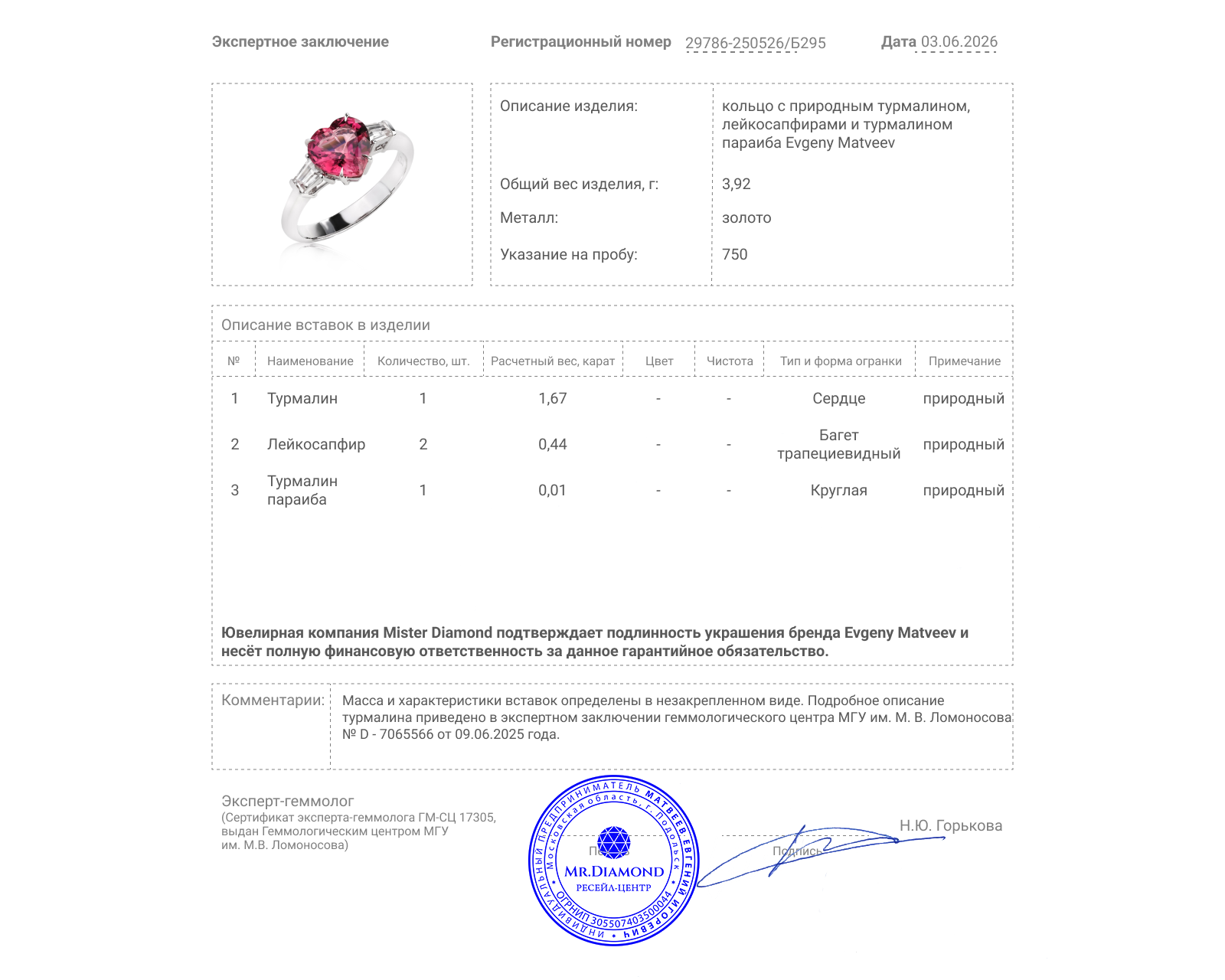 Золотое кольцо с турмалином 1.67ct и лейкосапфирами 0.44ct Evgeny Matveev