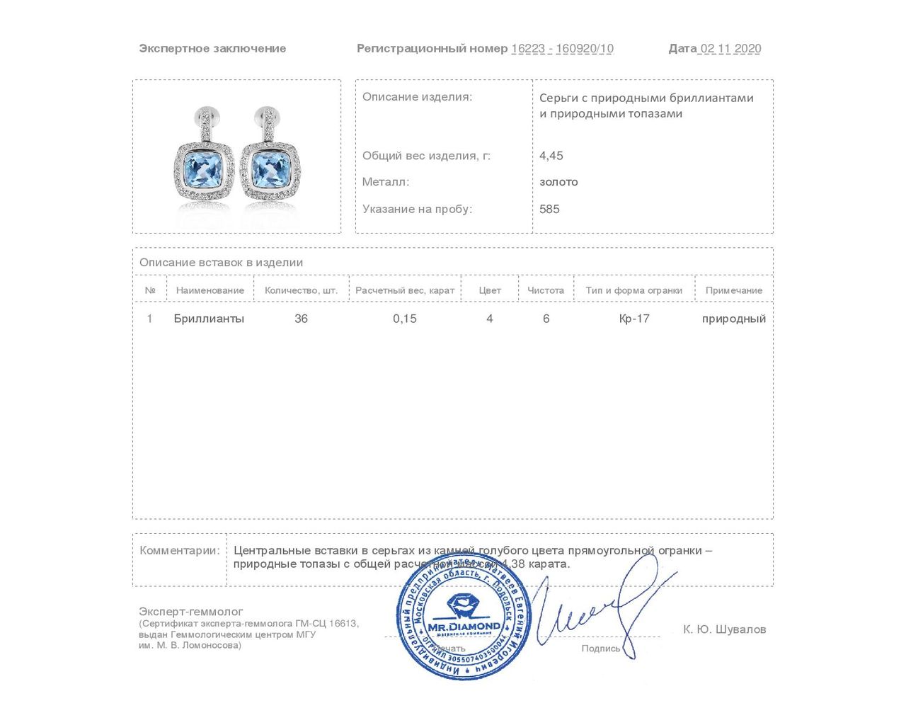 Великолепные золотые серьги с топазами 4.38ct