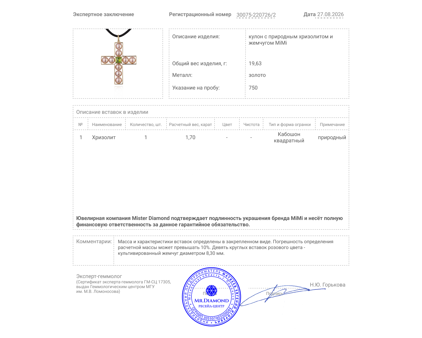 Оригинальный золотой кулон с хризолитом 1.70ct MiMi