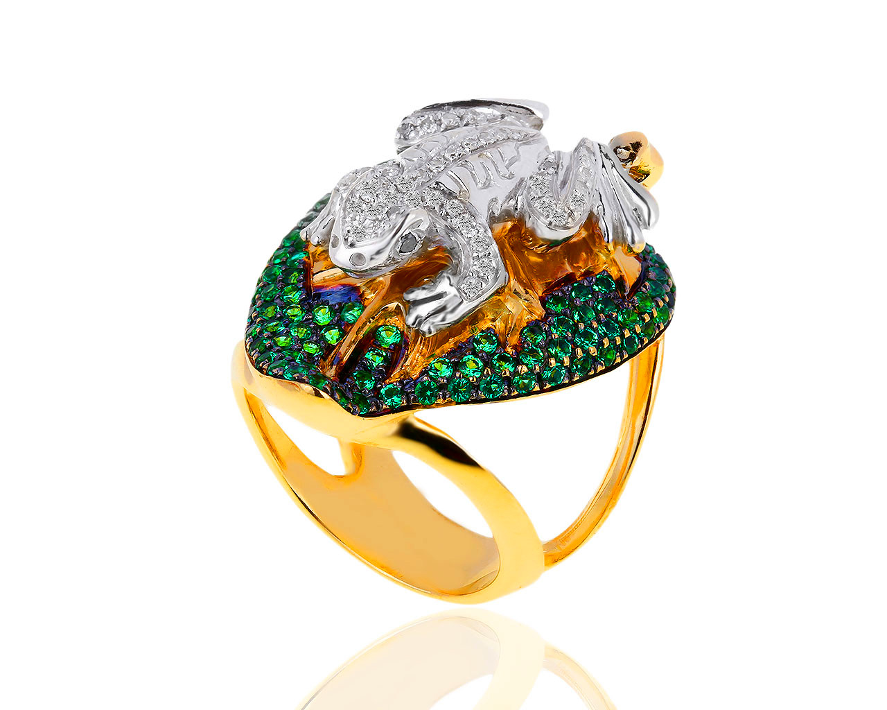 Яркое золотое кольцо с тсаворитами и бриллиантами 0.19ct 090419/18