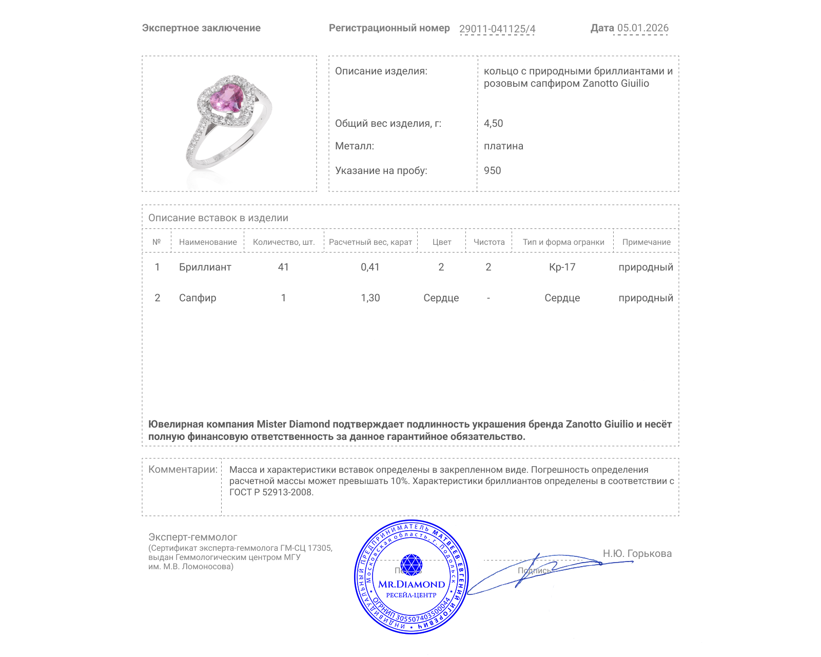 Оригинальное платиновое кольцо с сапфиром 1.30ct Zanotto Giuilio