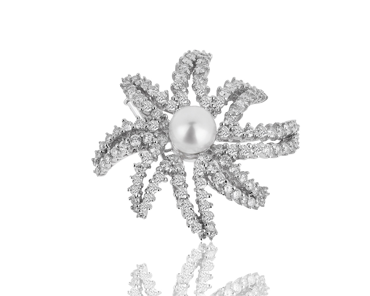 Волшебная золотая брошь с жемчугом 8.80 мм и бриллиантами 4.10ct 300719/8