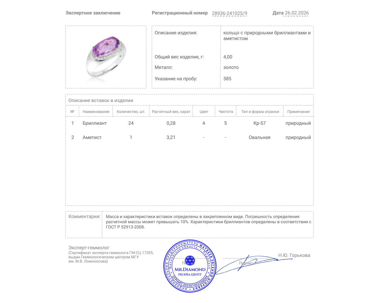 Золотое кольцо с аметистом 3.21ct и бриллиантами 0.28ct