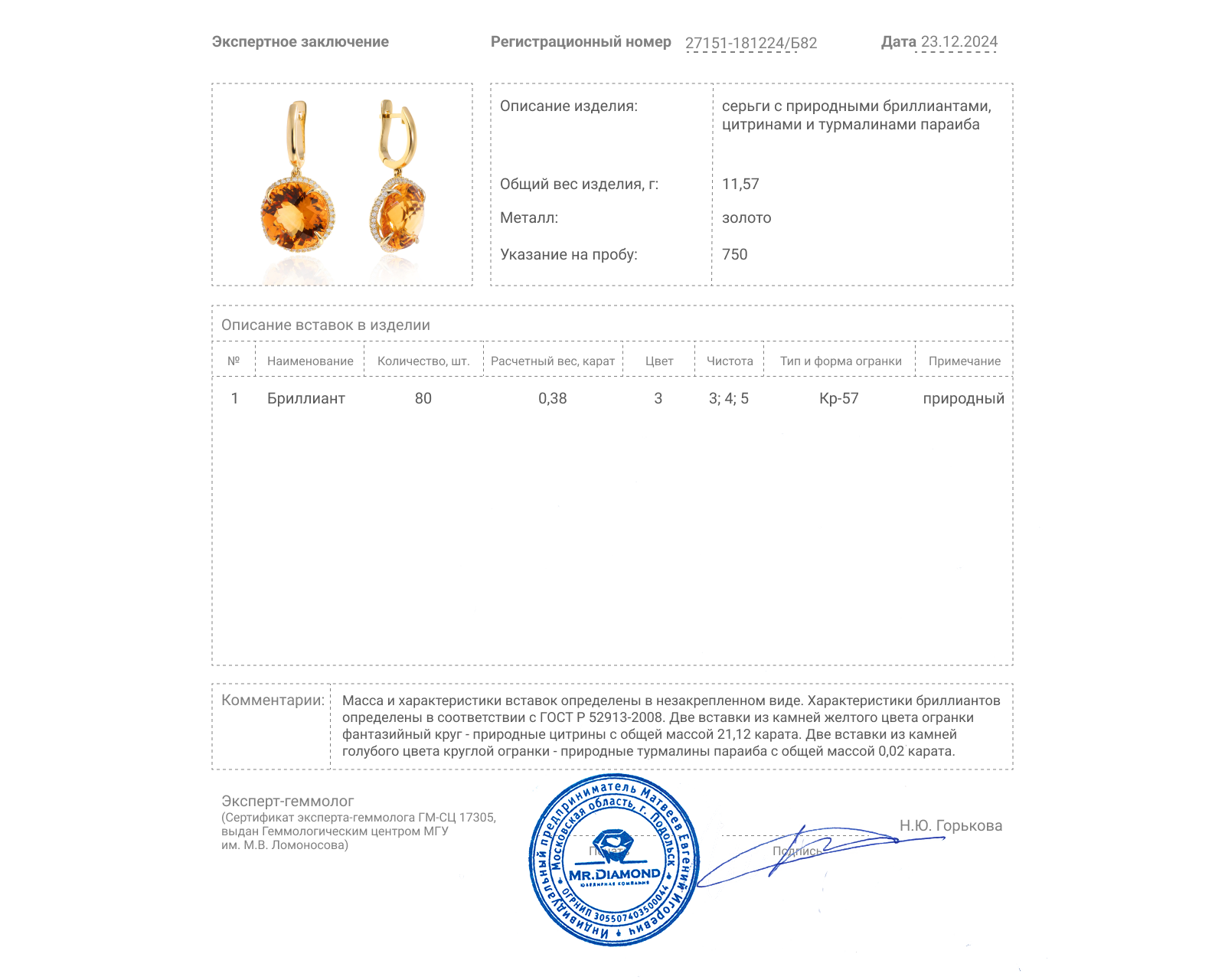 Золотые серьги с цитринами 21.12ct Evgeny Matveev