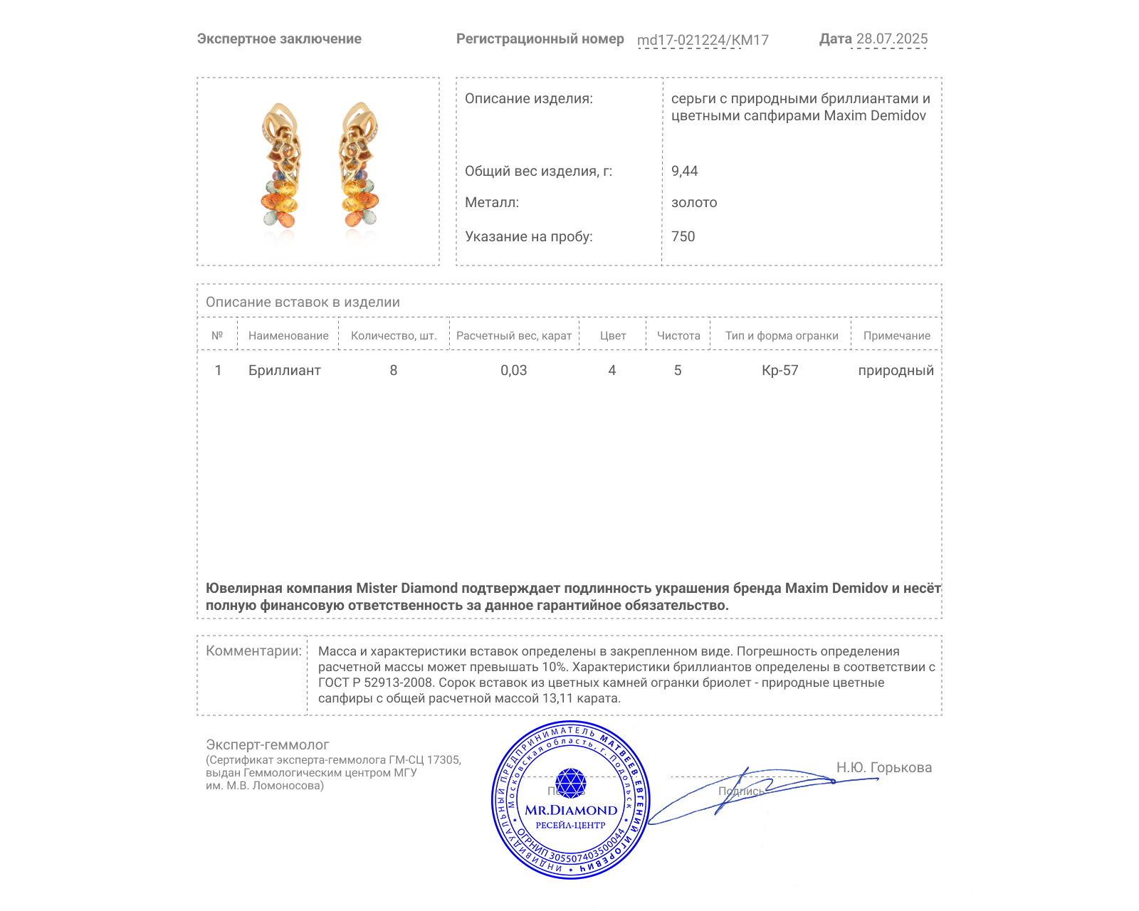 Оригинальные золотые серьги с цветными сапфирами 13.11ct Maxim Demidov