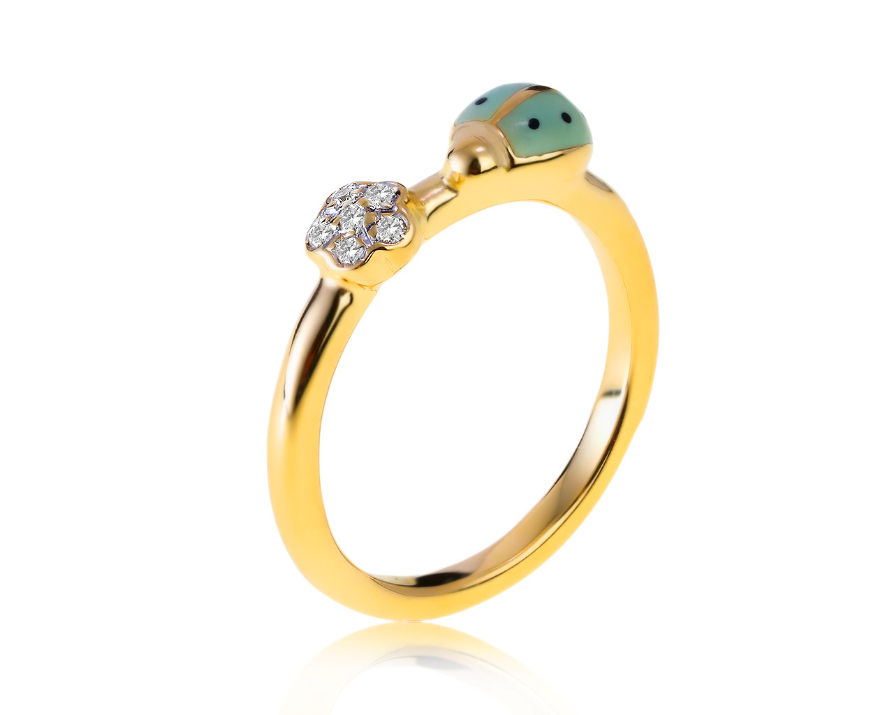 Оригинальное золотое кольцо с бриллиантами 0.06ct Aaron Basha Ladybug and Flower