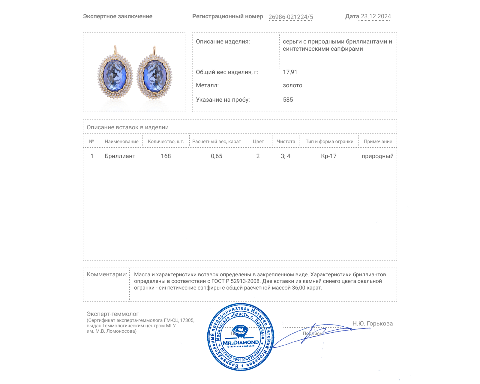 Золотые серьги с сапфирами 36.00ct и бриллиантами 0.65ct