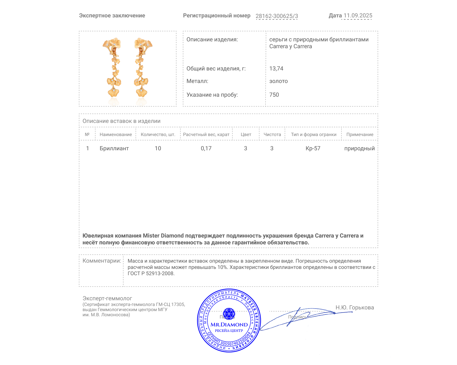 Оригинальные золотые серьги Carrera y Carrera Ginkgo