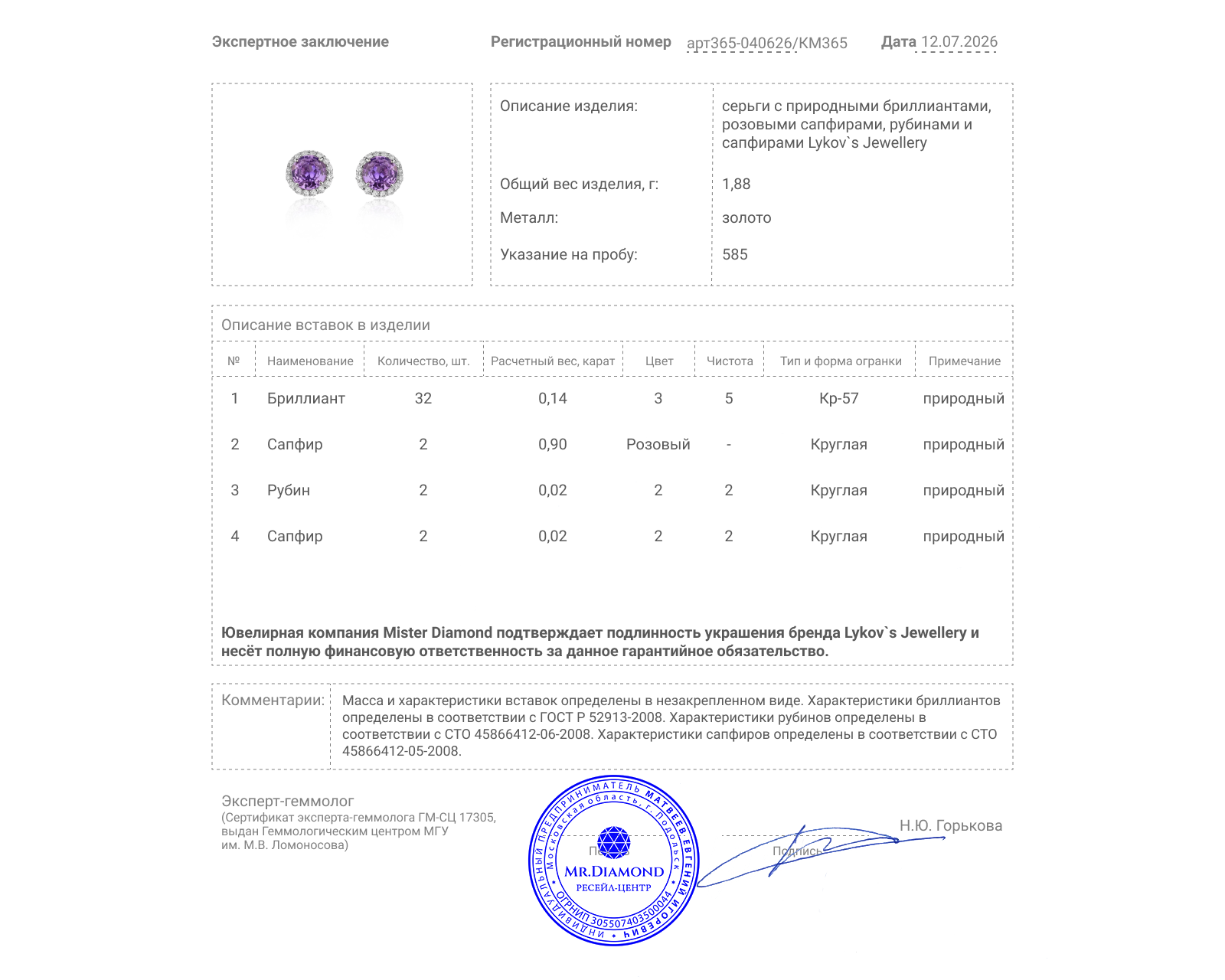 Оригинальные золотые серьги с розовыми сапфирами 0.90ct Lykov`s Jewellery