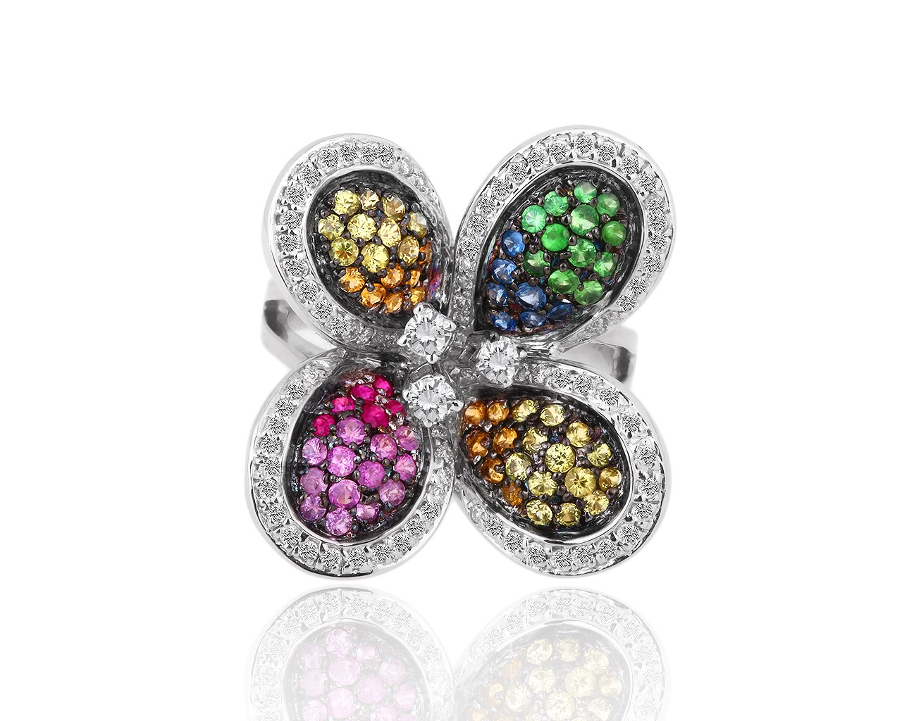 Золотое кольцо с цветными камнями и бриллиантами 0.44ct