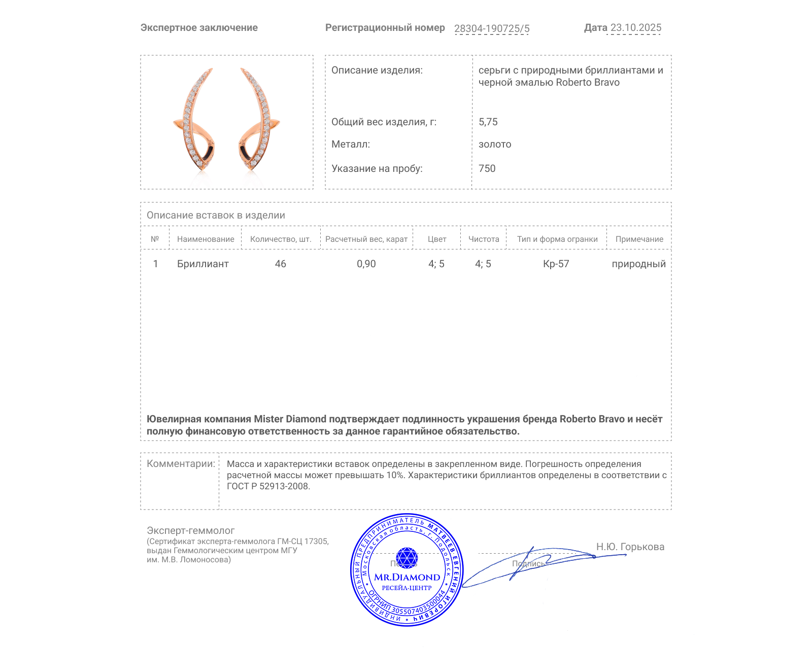 Оригинальные золотые серьги с бриллиантами 0.90ct Roberto Bravo