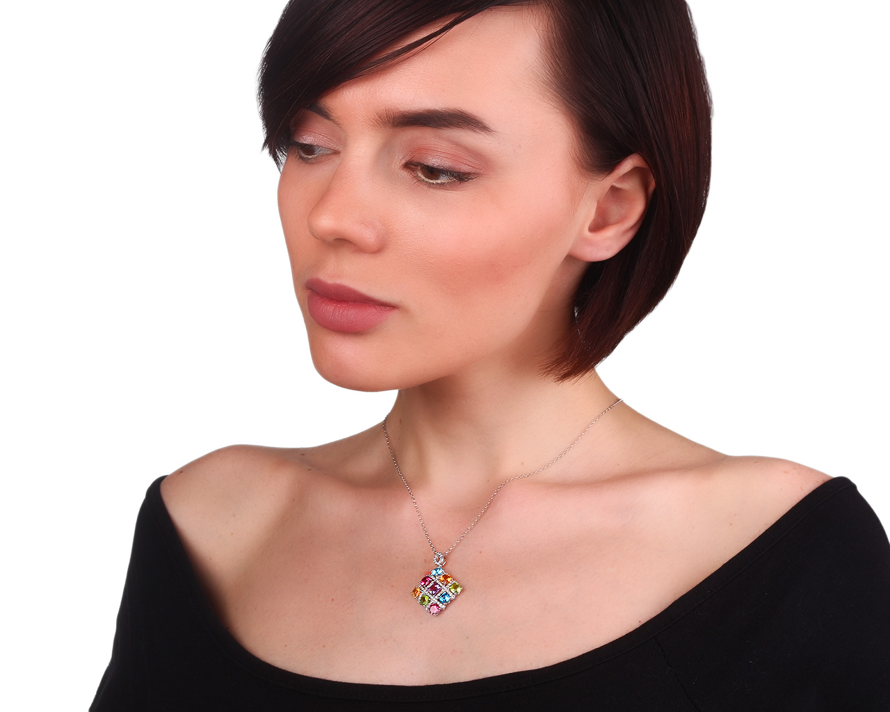 Золотая подвеска с цветными камнями и бриллиантами 0.44ct