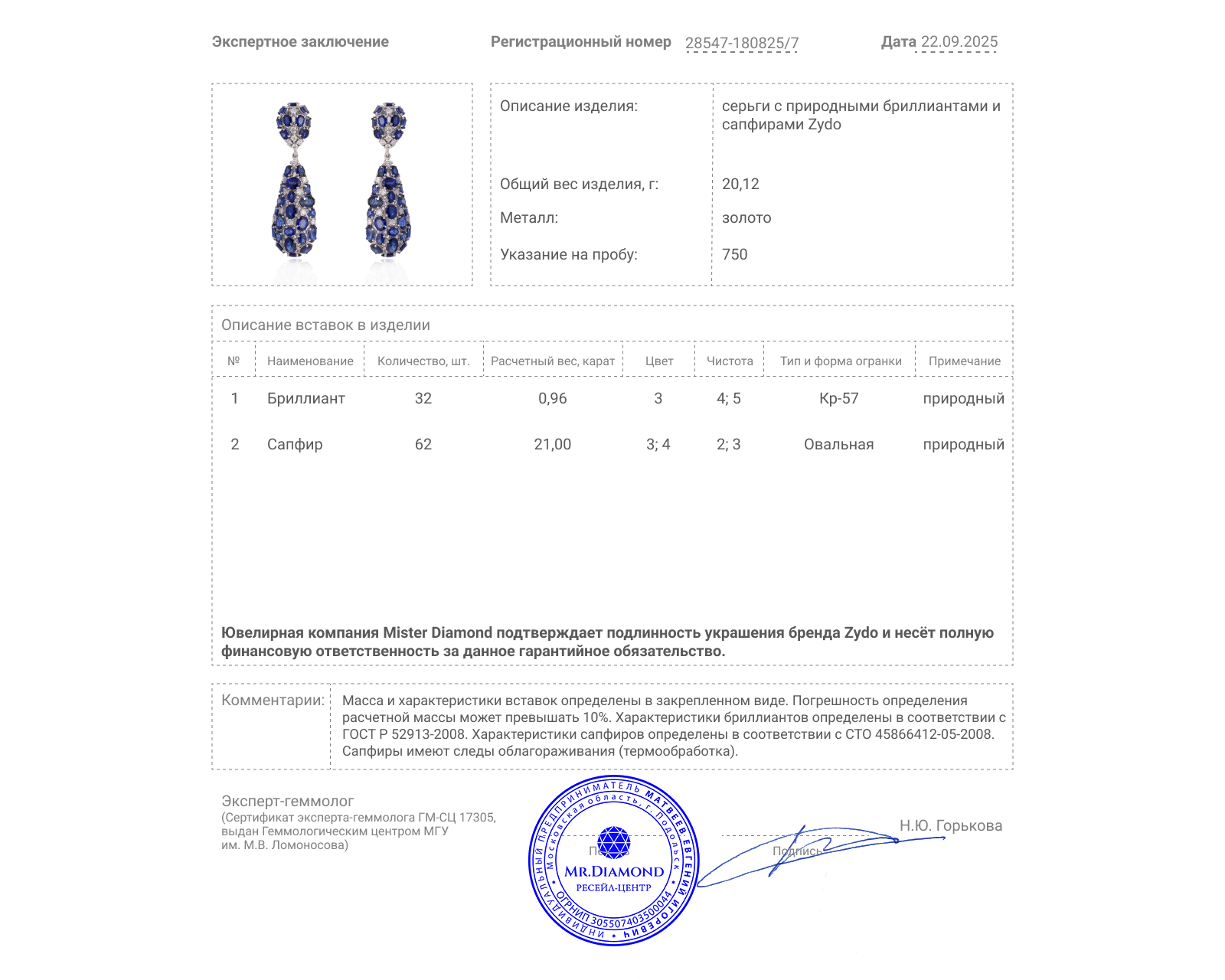 Оригинальные золотые серьги с сапфирами 21.00ct Zydo