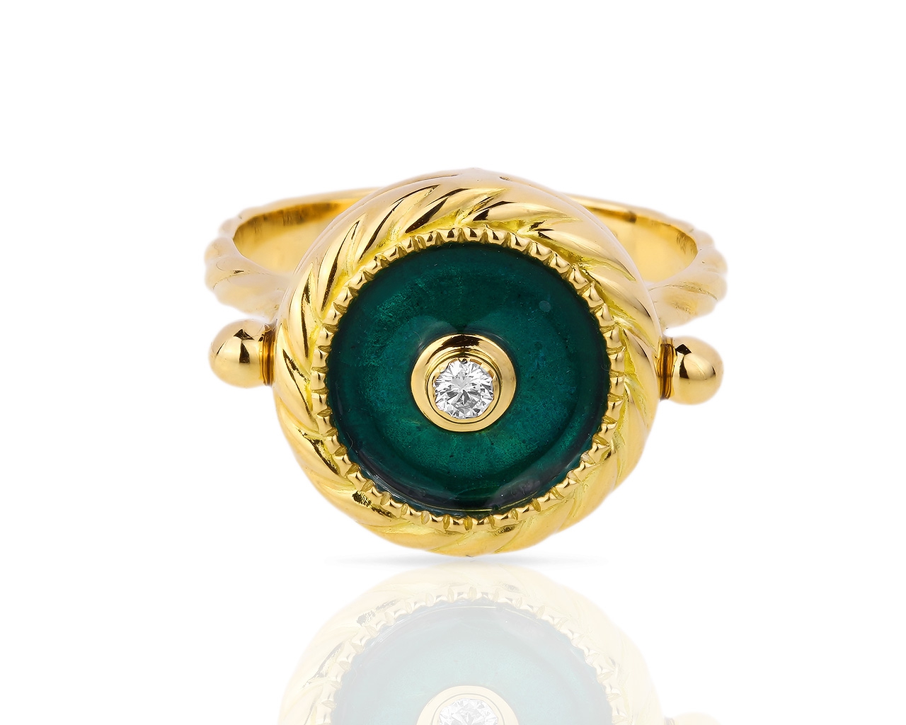 Золотое кольцо с бриллиантом и зеленой эмалью 240118/24