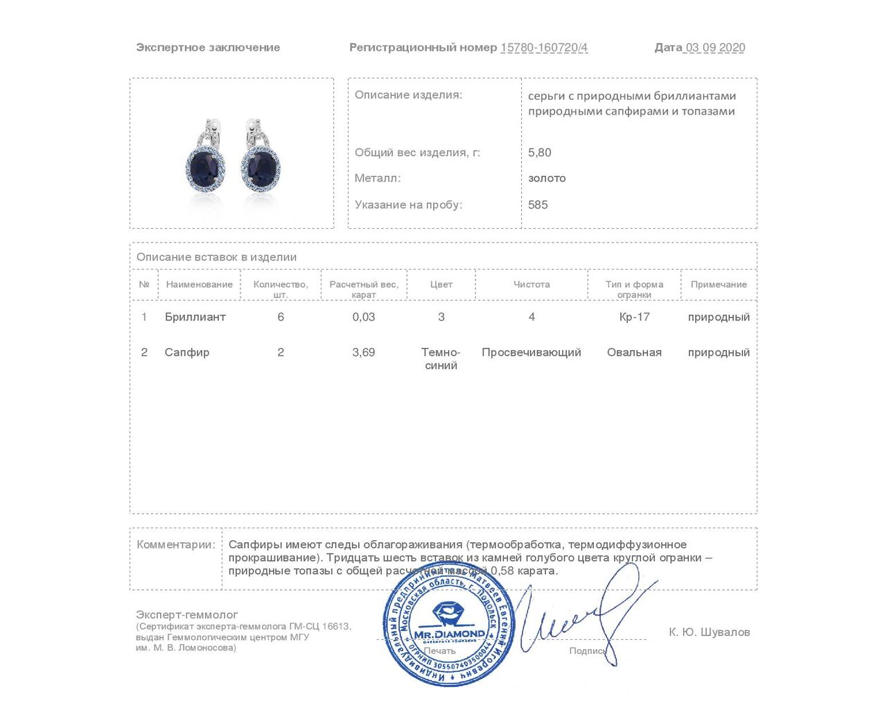 Стильные золотые серьги с сапфирами 3.69ct