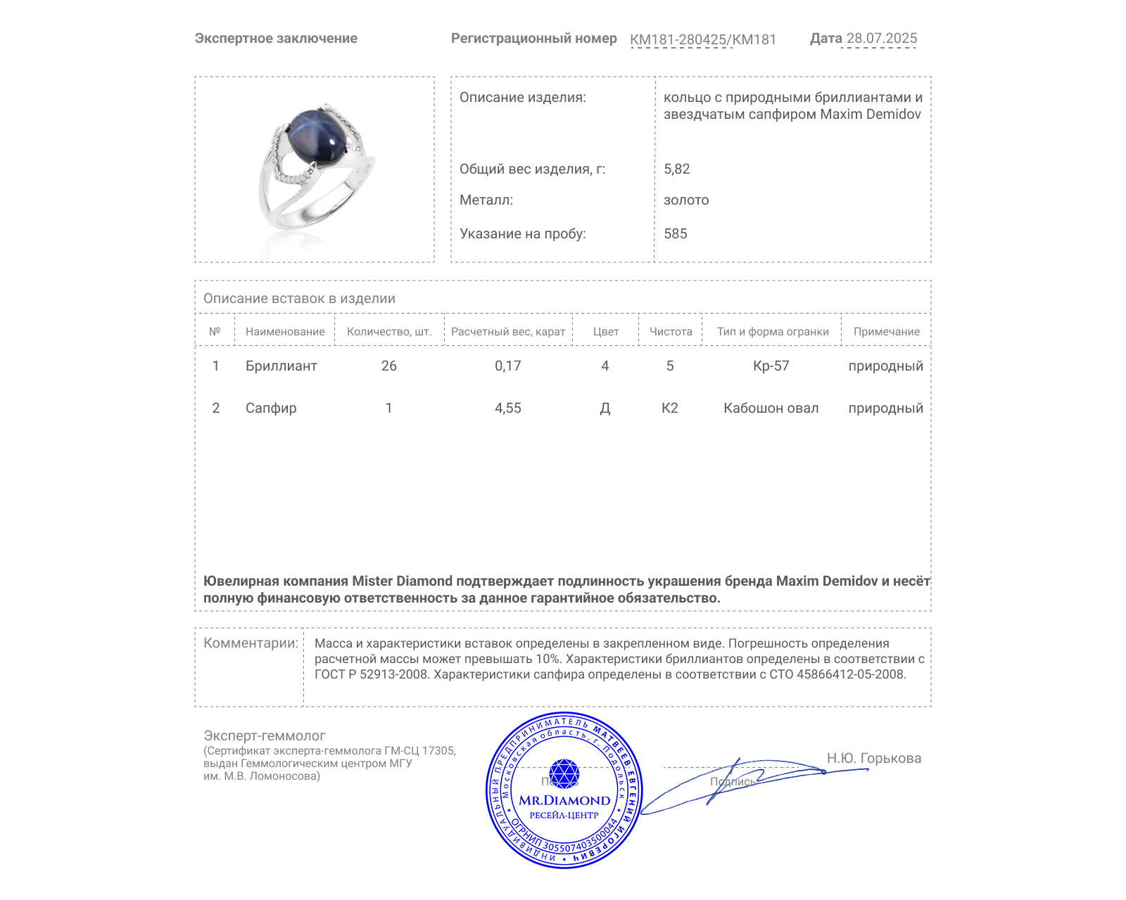 Оригинальное золотое кольцо со звездчатым сапфиром 4.55ct Maxim Demidov