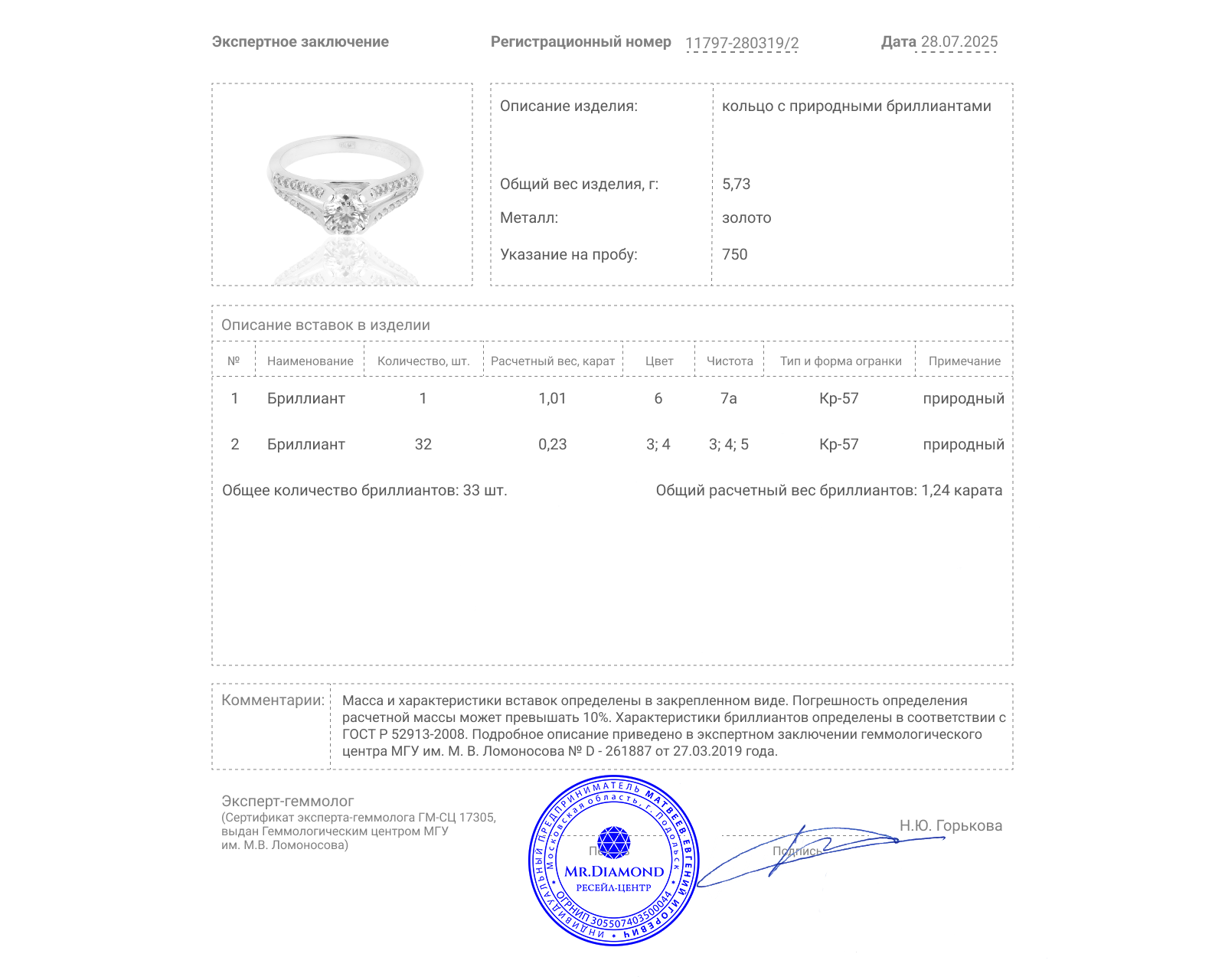 Помолвочное золотое кольцо с бриллиантами 1.24ct