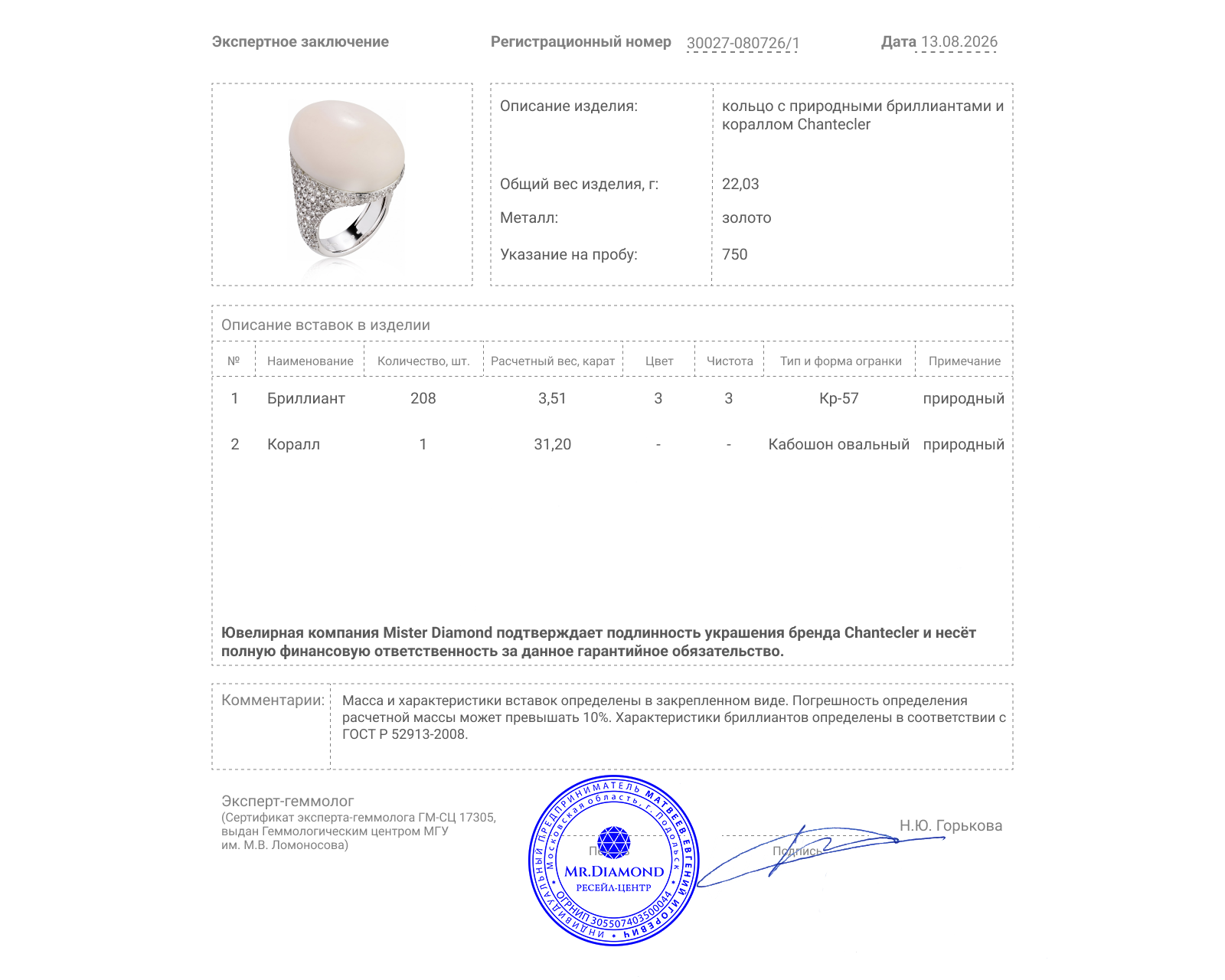 Оригинальное золотое кольцо с кораллом 31.20ct Chantecler Capri
