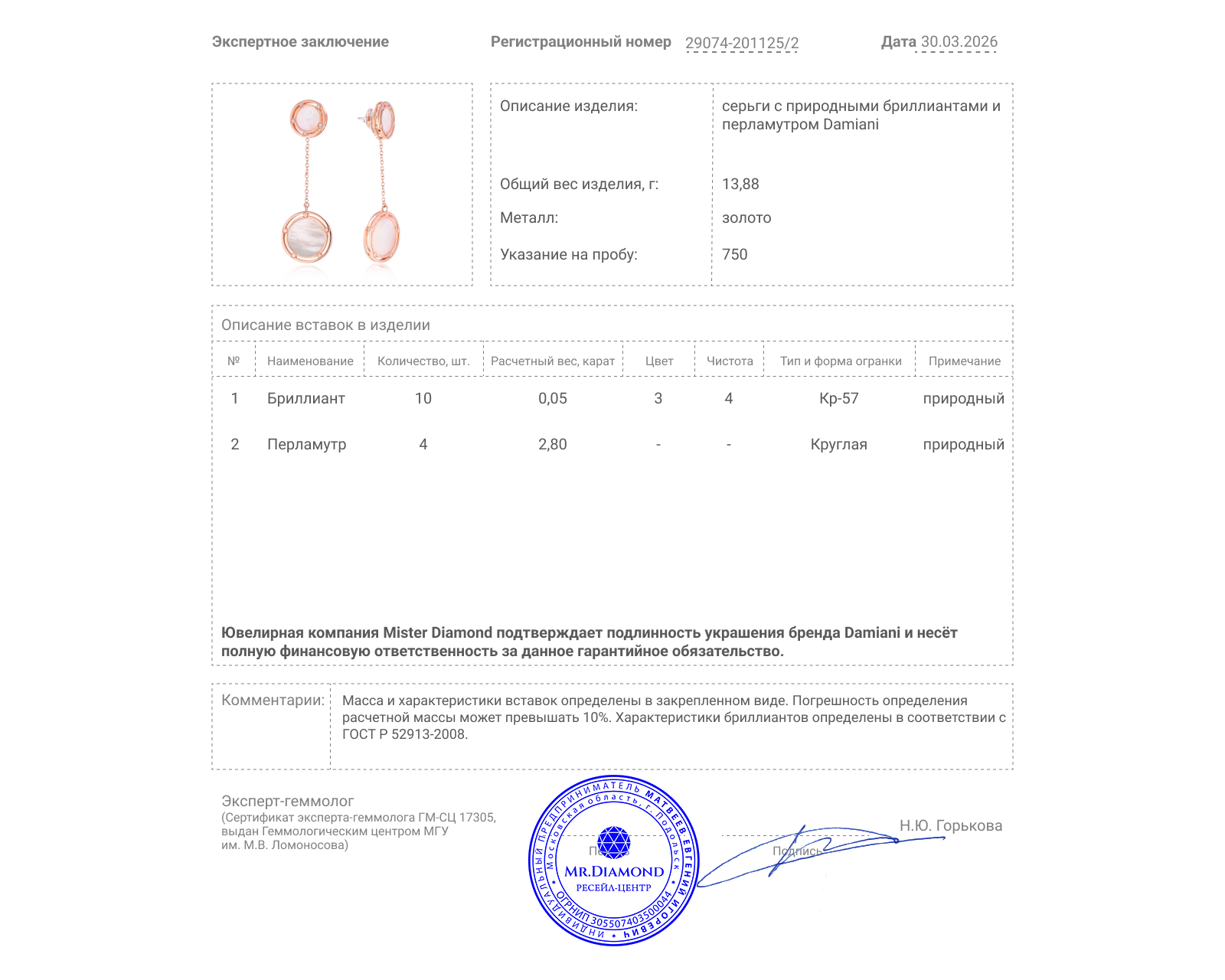 Оригинальные золотые серьги с перламутром 2.80ct Damiani D.Side