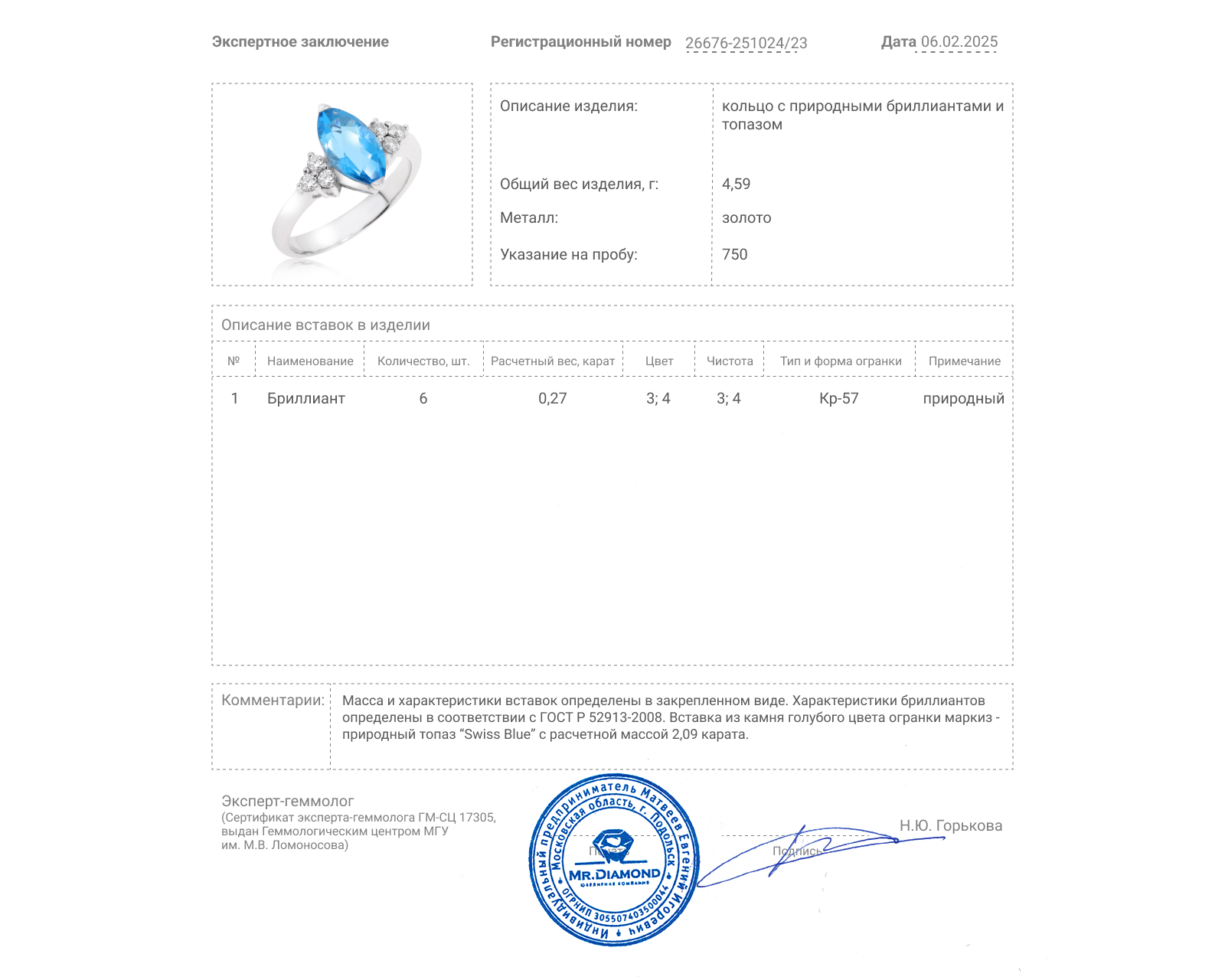 Золотое кольцо с топазом 2.09ct и бриллиантами 0.27ct