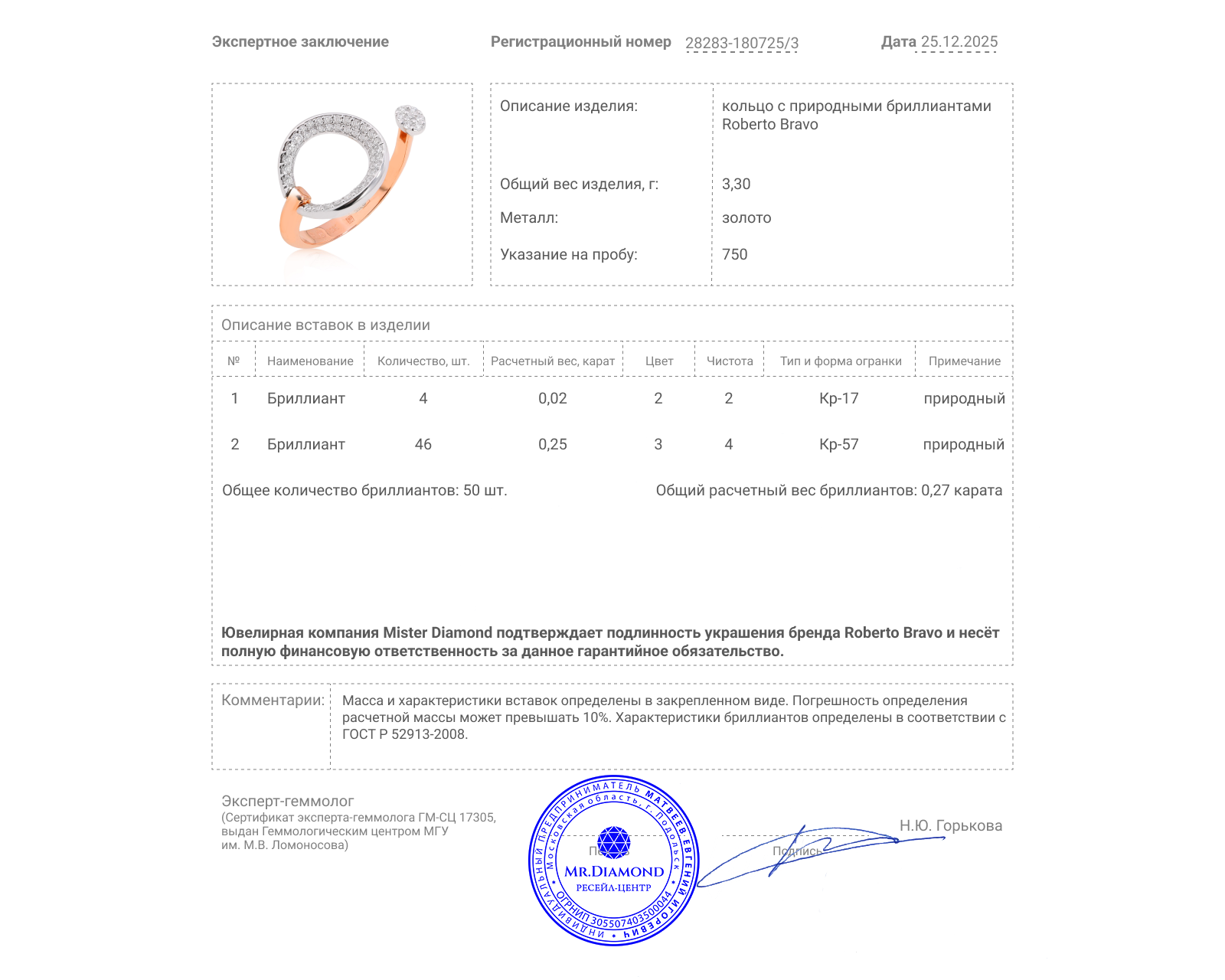 Оригинальное золотое кольцо с бриллиантами 0.27ct Roberto Bravo